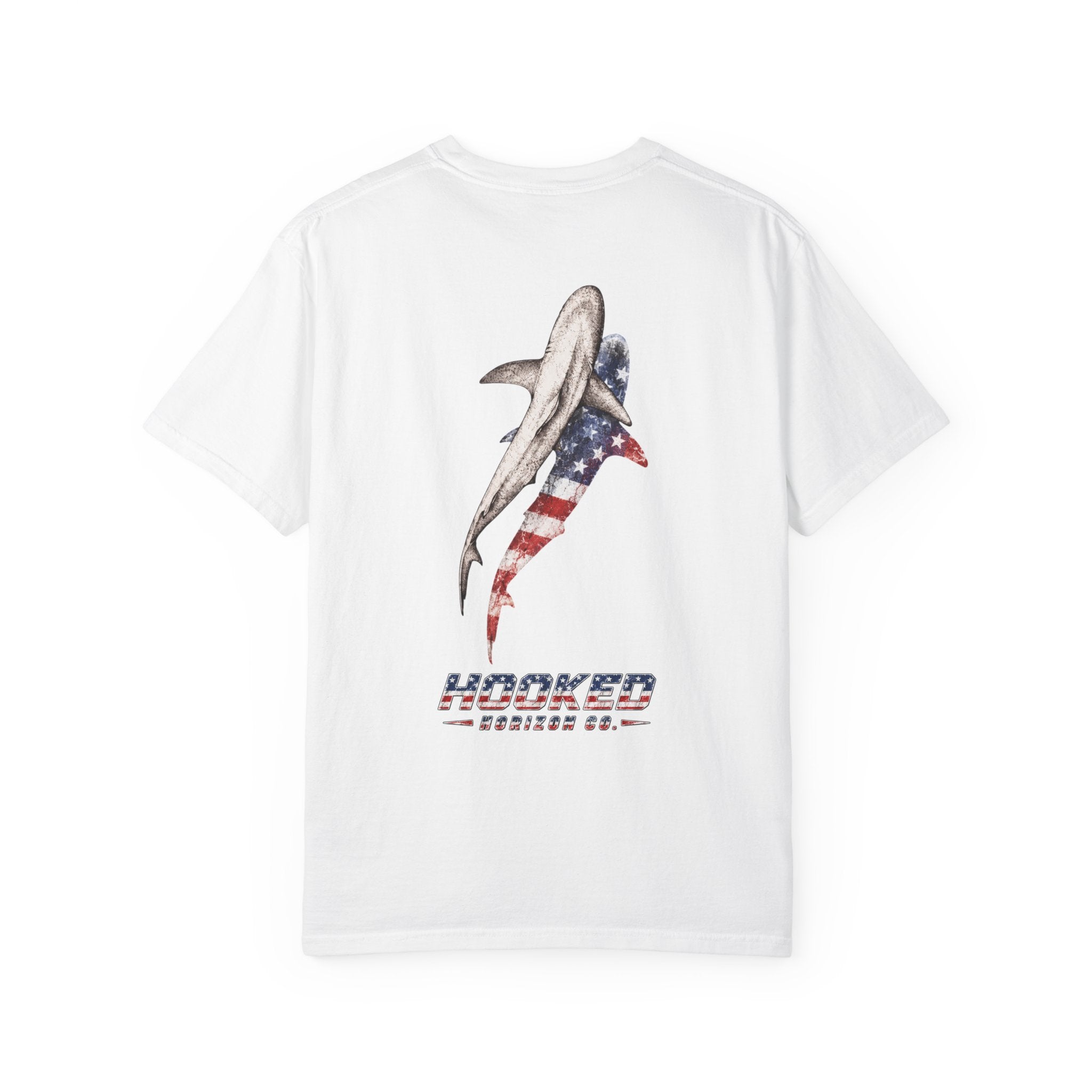 USA Shark Flag T-Shirt — "Hooked Horizon Co." American Fishing Graphic Tee