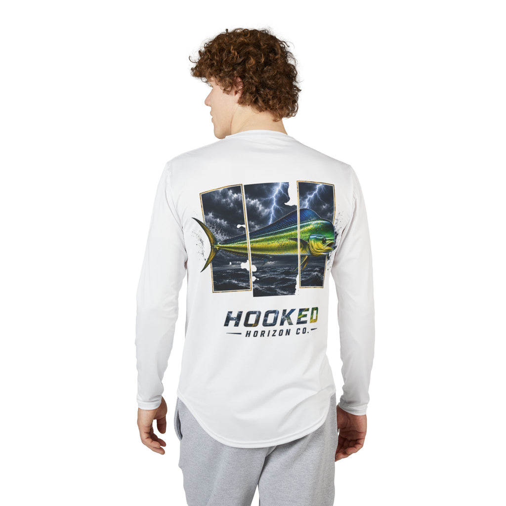 Mahi Mahi Hooked Horizon Co — Men's Long Sleeve UV Shirt — Chasing Legends Not Trends Orca Ocean Graphic Performance Tee
