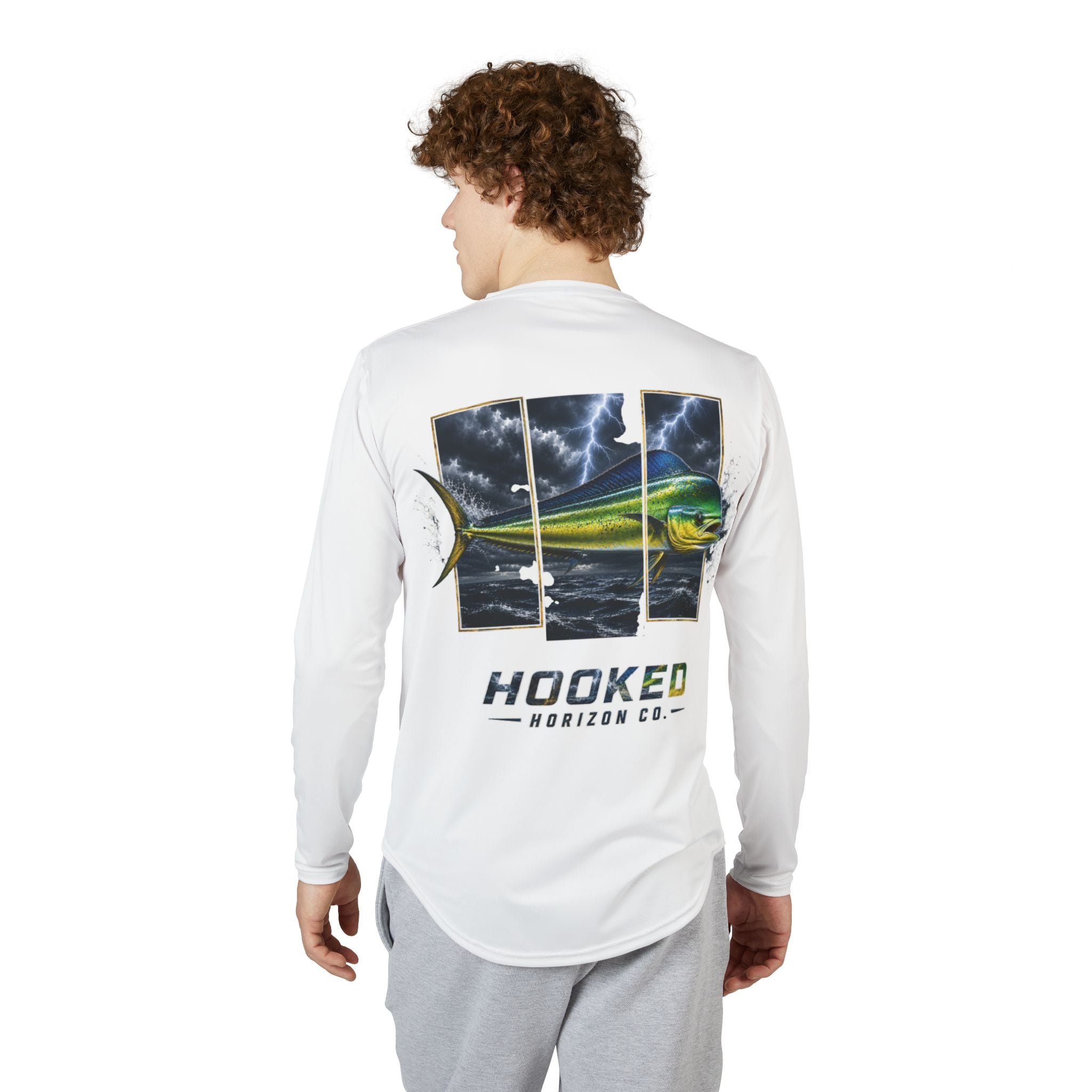 Mahi Mahi Hooked Horizon Co — Men's Long Sleeve UV Shirt — Chasing Legends Not Trends Orca Ocean Graphic Performance Tee