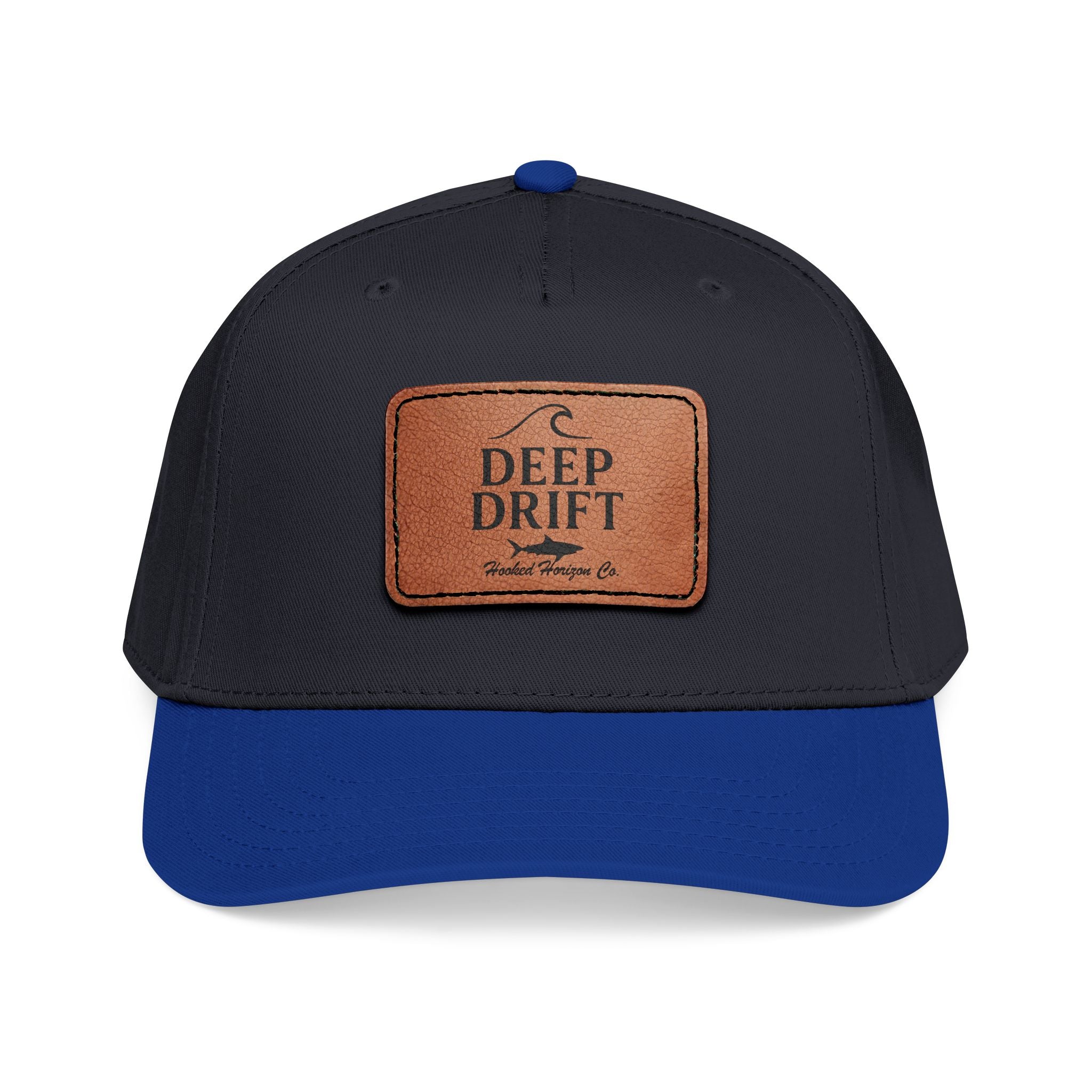 "Deep Drift" Shark Wave Leather Patch Baseball Cap — Hooked Horizon Co. Ocean Wave Logo, Multiple Color Variations
