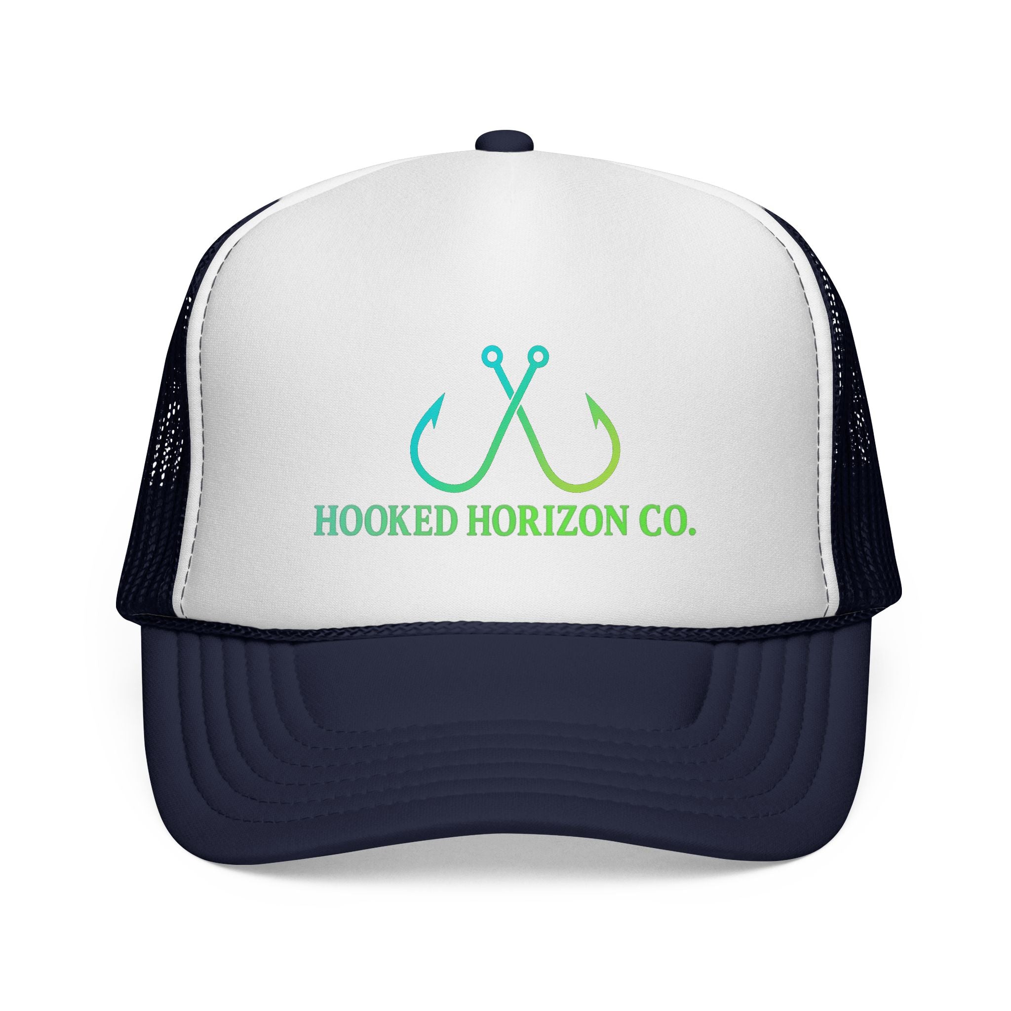 Sea Green & Teal Blue Trucker Cap — Hooked Horizon Co. Fishing Hooks Logo