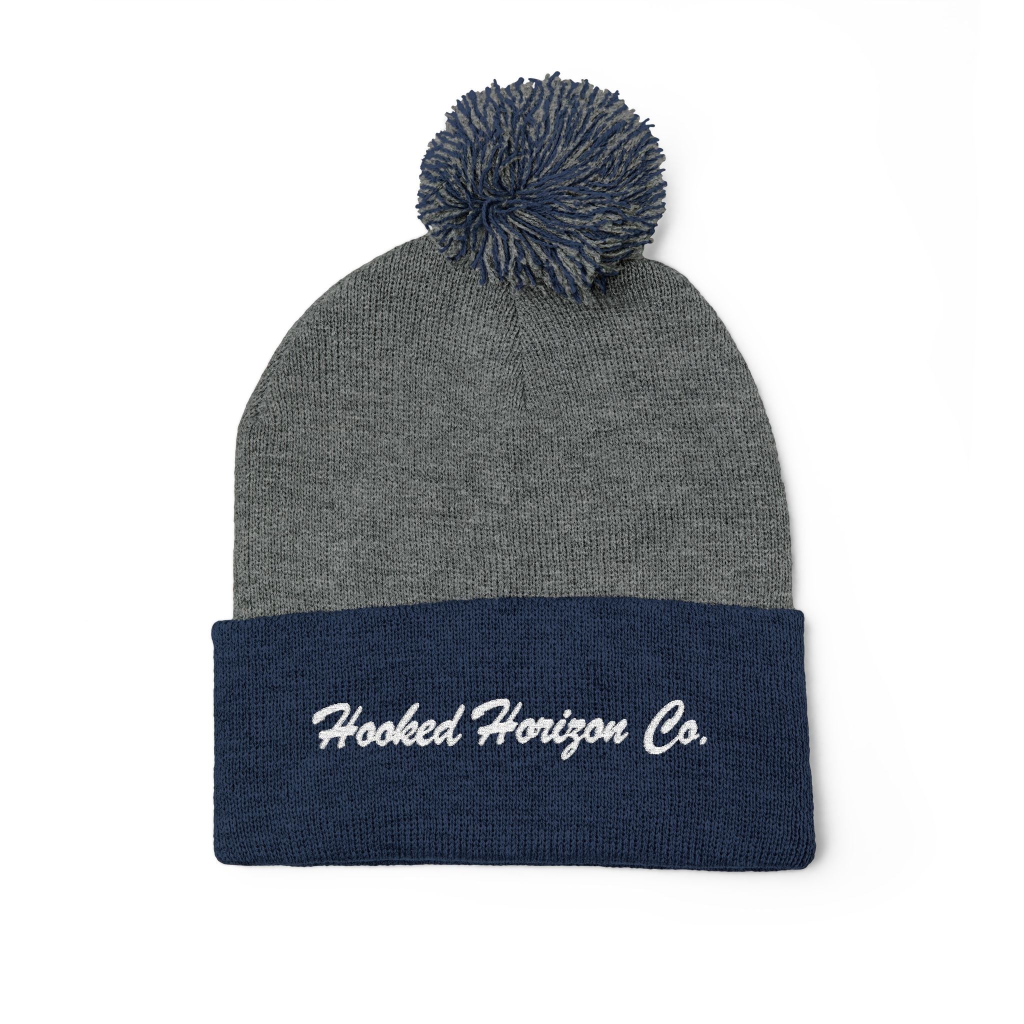 Hooked Horizon Co. Embroidered Pom-Pom Knit Cap — Cozy Grey Beanie with Multiple Color Variations