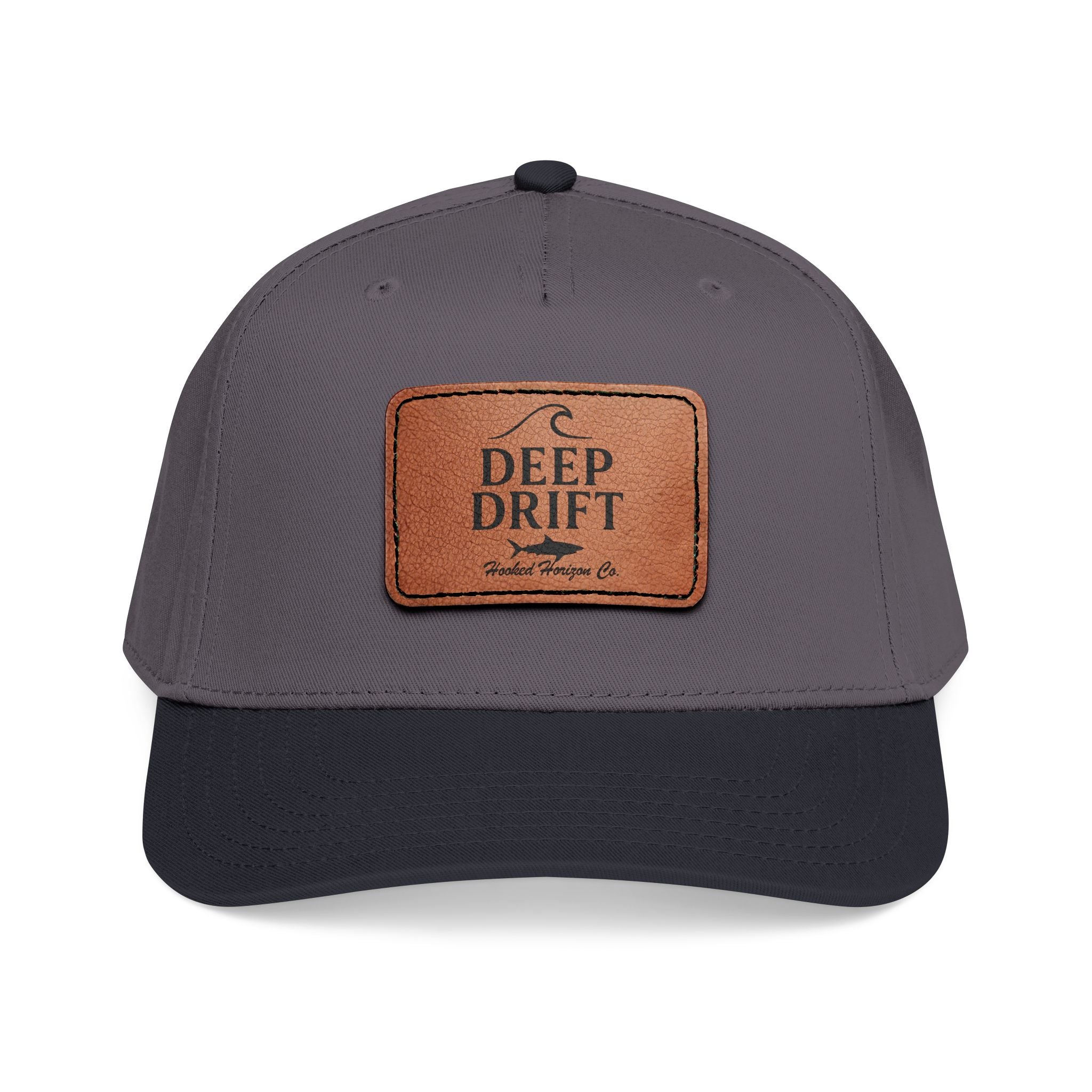 "Deep Drift" Shark Wave Leather Patch Baseball Cap — Hooked Horizon Co. Ocean Wave Logo, Multiple Color Variations