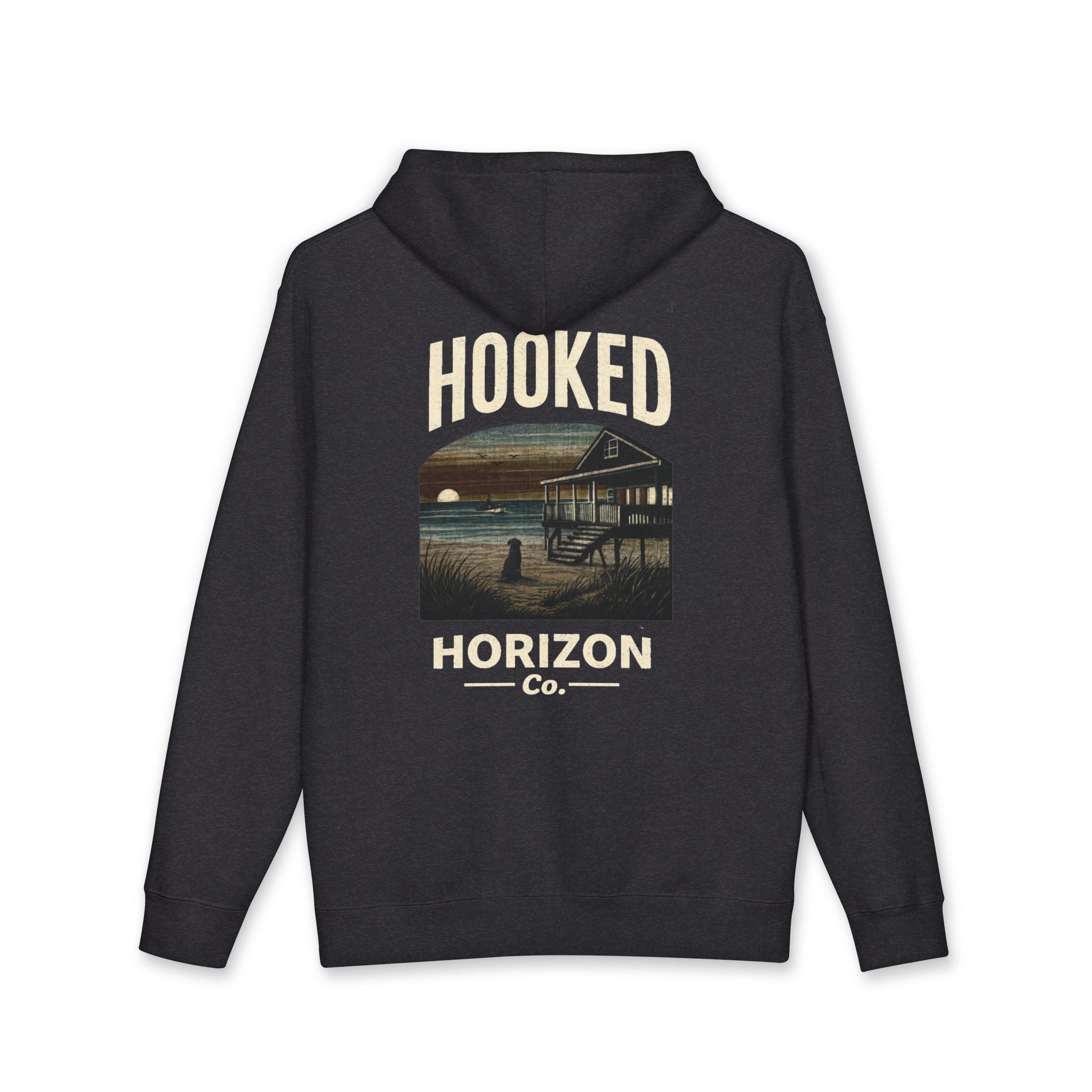 Dog & Sunset Hoodie Hooked Horizon Co. — Minimal Fishing Back Graphic Hoodie, Multiple Color Variations