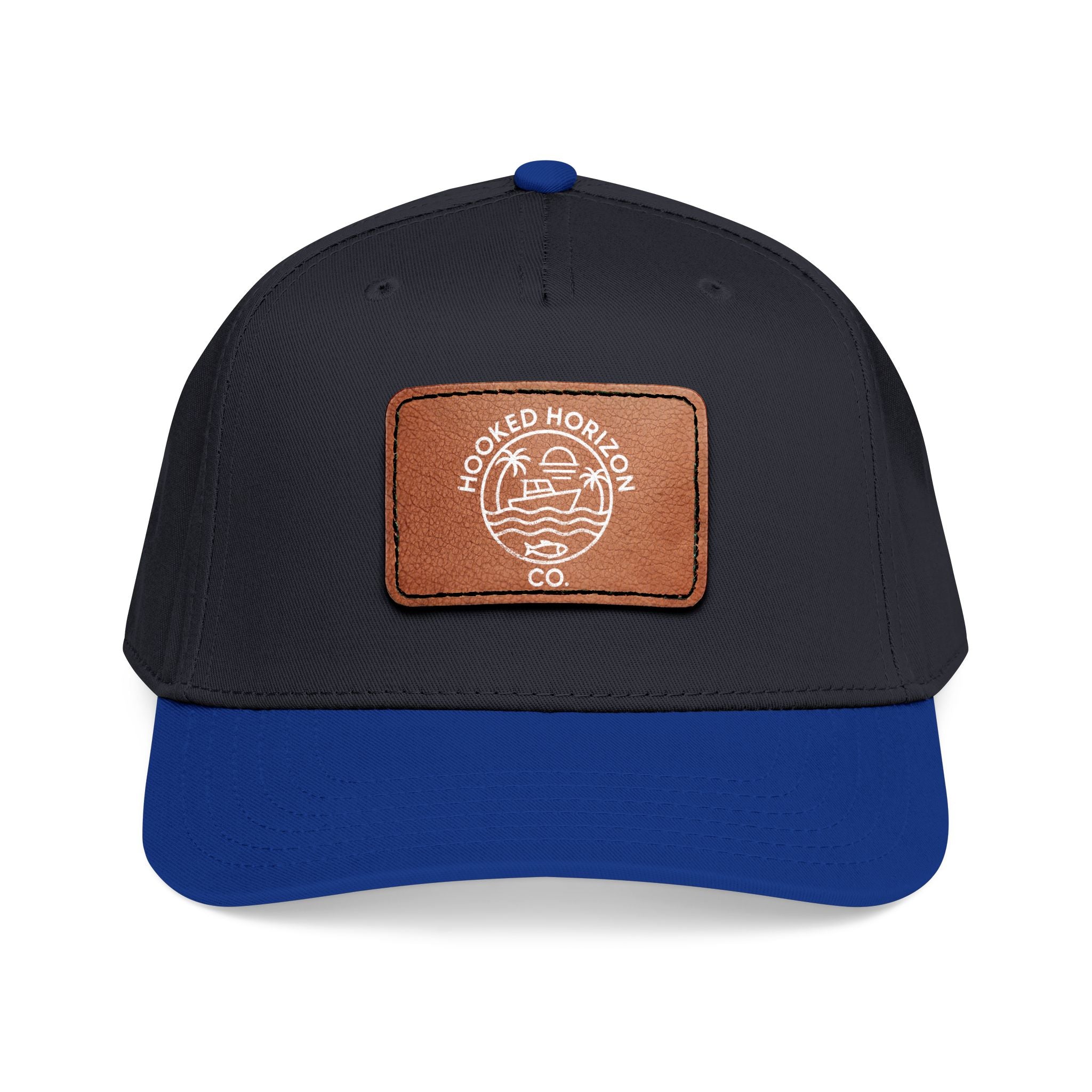 Hooked Horizon Co. 80s Inspired Logo–Leather Patch Baseball Cap — Hooked Horizon Co. Fishing Boat, Multiple Color Variations