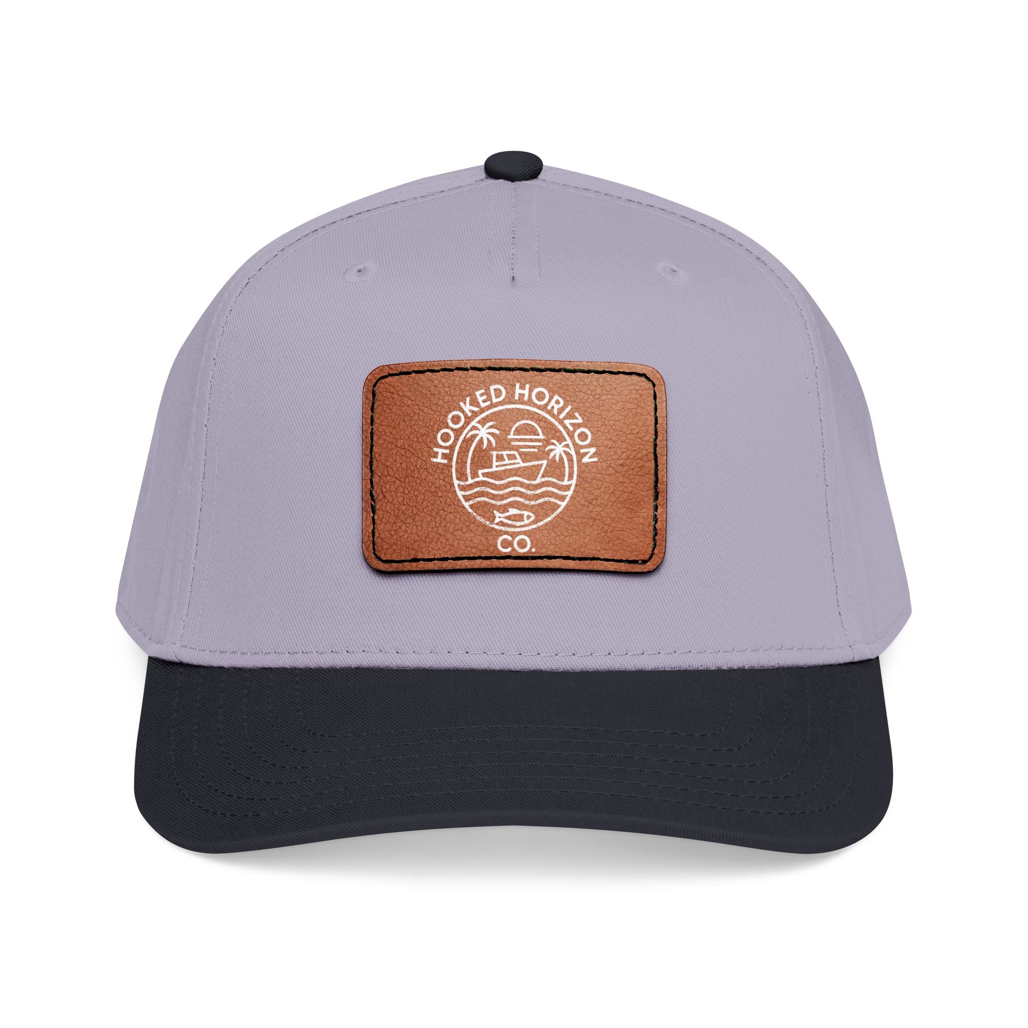 Hooked Horizon Co. 80s Inspired Logo–Leather Patch Baseball Cap — Hooked Horizon Co. Fishing Boat, Multiple Color Variations