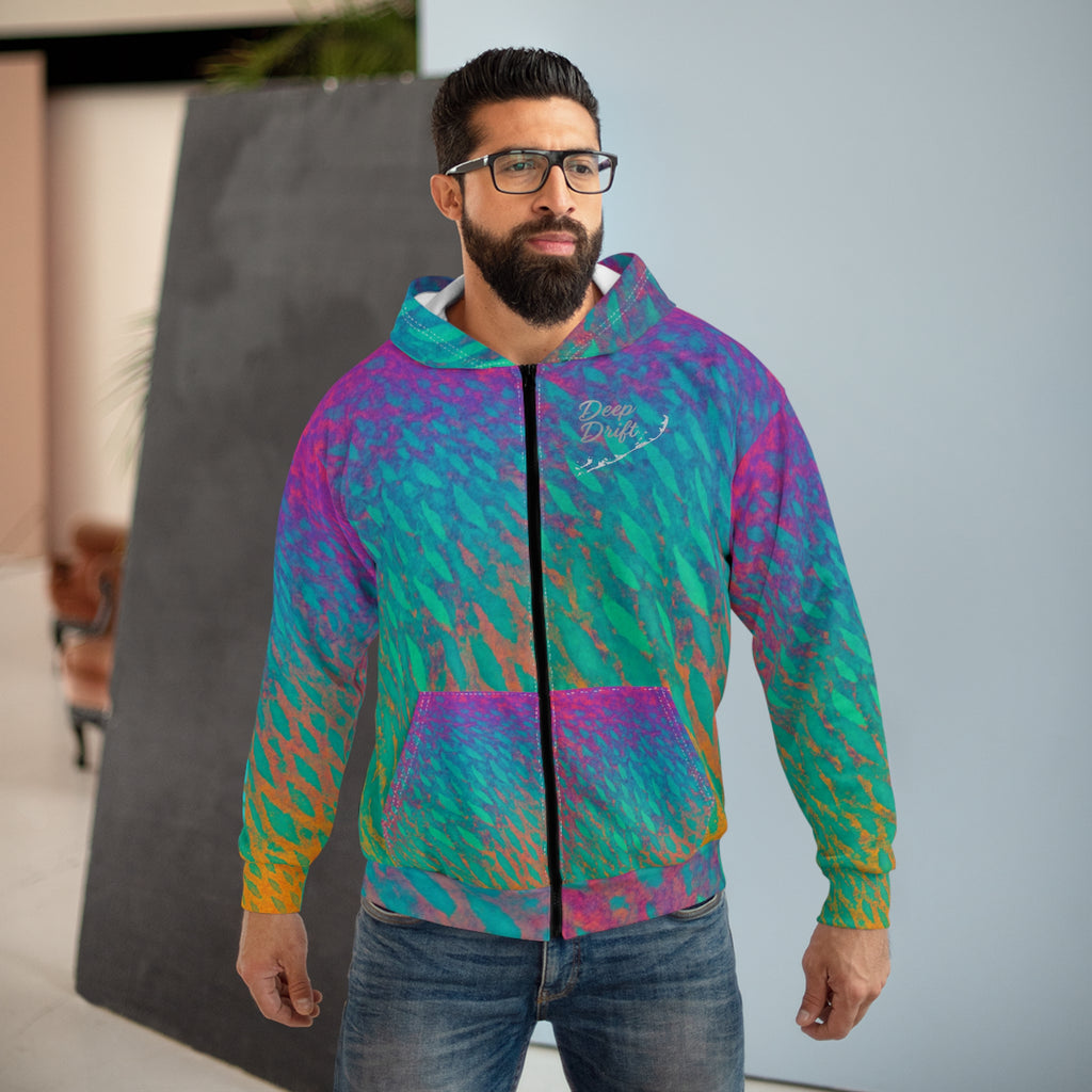 Rainbow Parrot Fish Zip Hoodie—Hooked Horizon Co. Colorful Tie-Dye Fishscale, Gifts for Her Gifts for Him, Angler Gear
