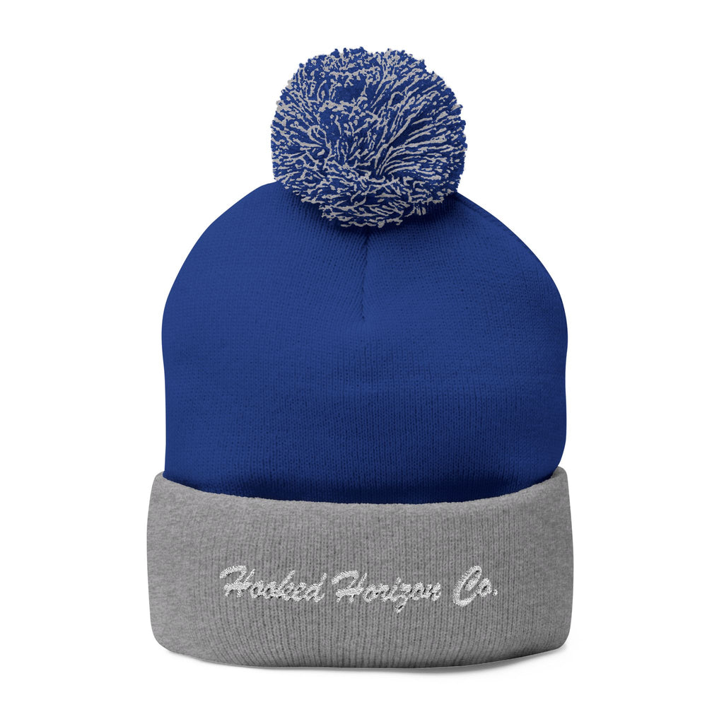 Hooked Horizon Co. Embroidered Pom-Pom Knit Cap — Cozy Grey Beanie with Multiple Color Variations