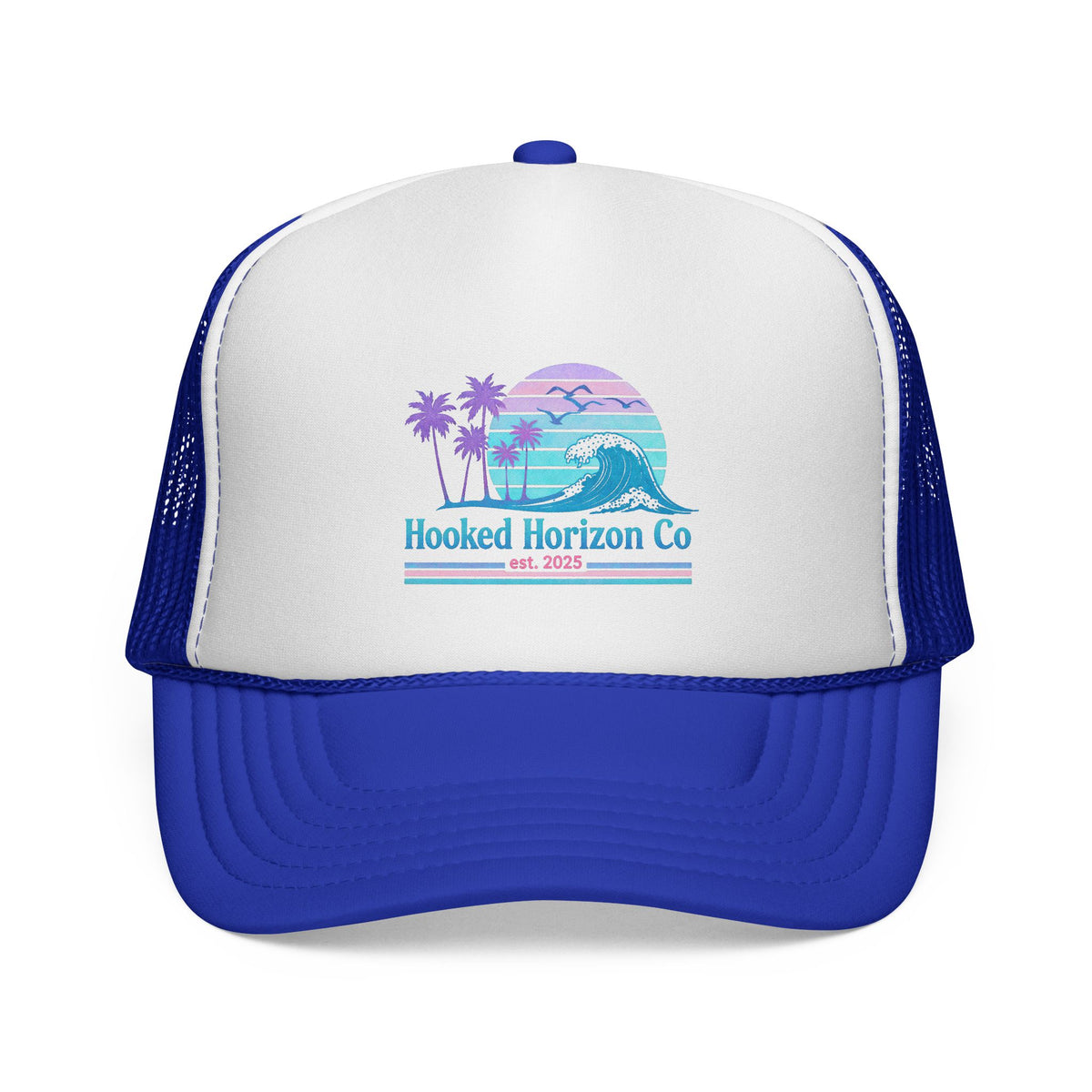 Hooked Horizon Co.  Wave, Sunset & Palm Tree 90s Inspired Trucker Cap in Purple & Blue — Outdoor & Beach Hat Ocean Conservation Gifts For Him & Her