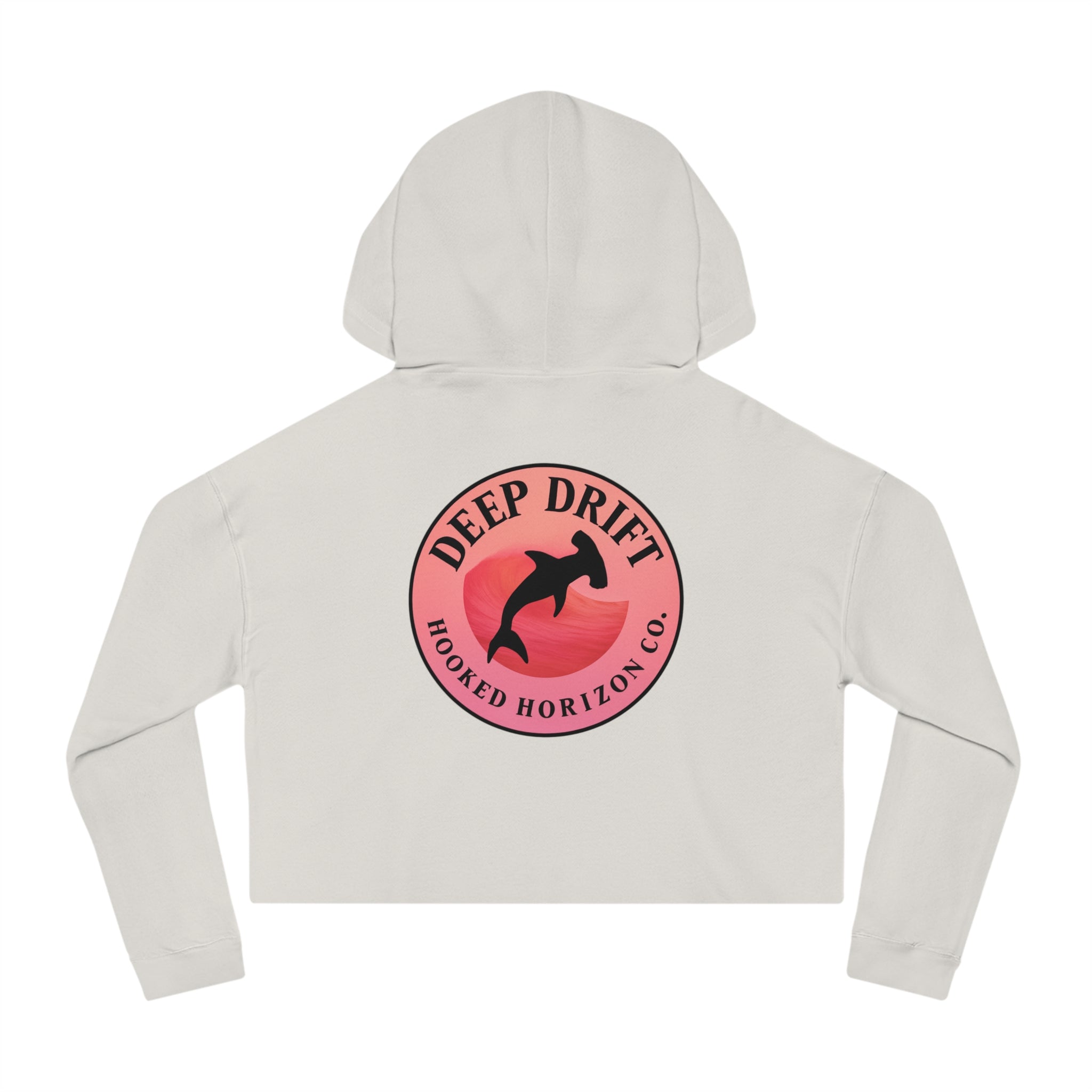 Pink & Red Hammer Head Shark Cropped Hoodie - "Deep Drift" Fishing Logo Cropped Hooded Sweatshirt