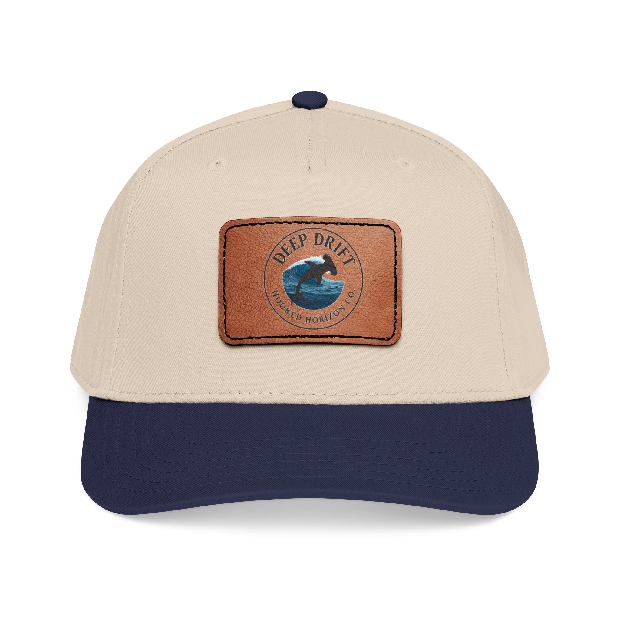 Deep Drift Leather Patch Baseball Cap — Hooked Horizon Co. Ocean Wave Logo, Multiple Color Variations