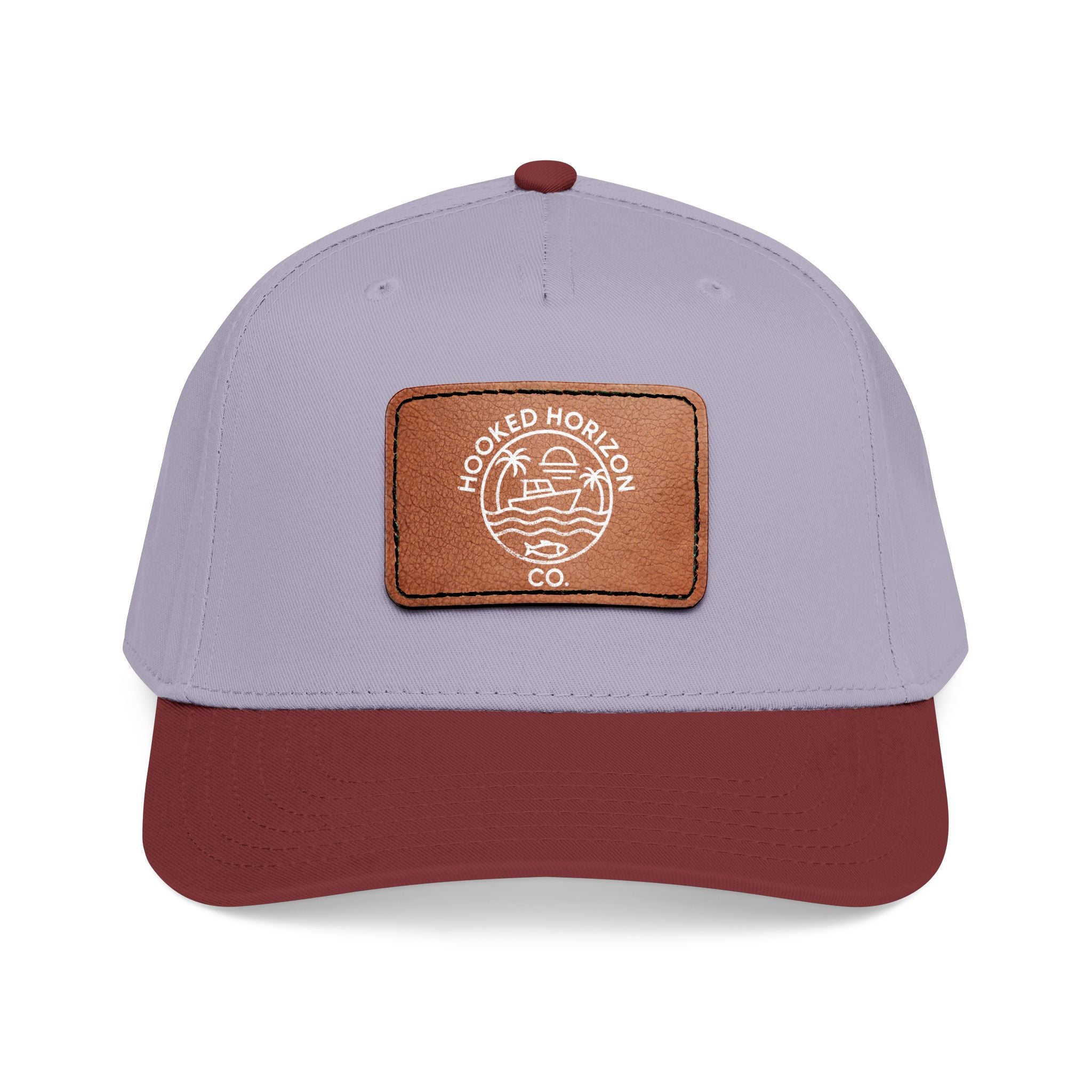 Hooked Horizon Co. 80s Inspired Logo–Leather Patch Baseball Cap — Hooked Horizon Co. Fishing Boat, Multiple Color Variations