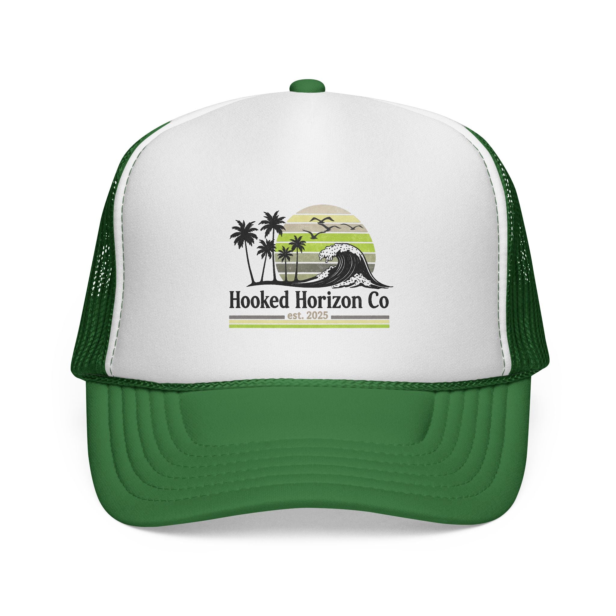 Hooked Horizon Co.  Sunset & Palm Tree 90s Inspired Trucker Cap — Outdoor & Beach Hat Ocean Conservation Gifts For Him & Her