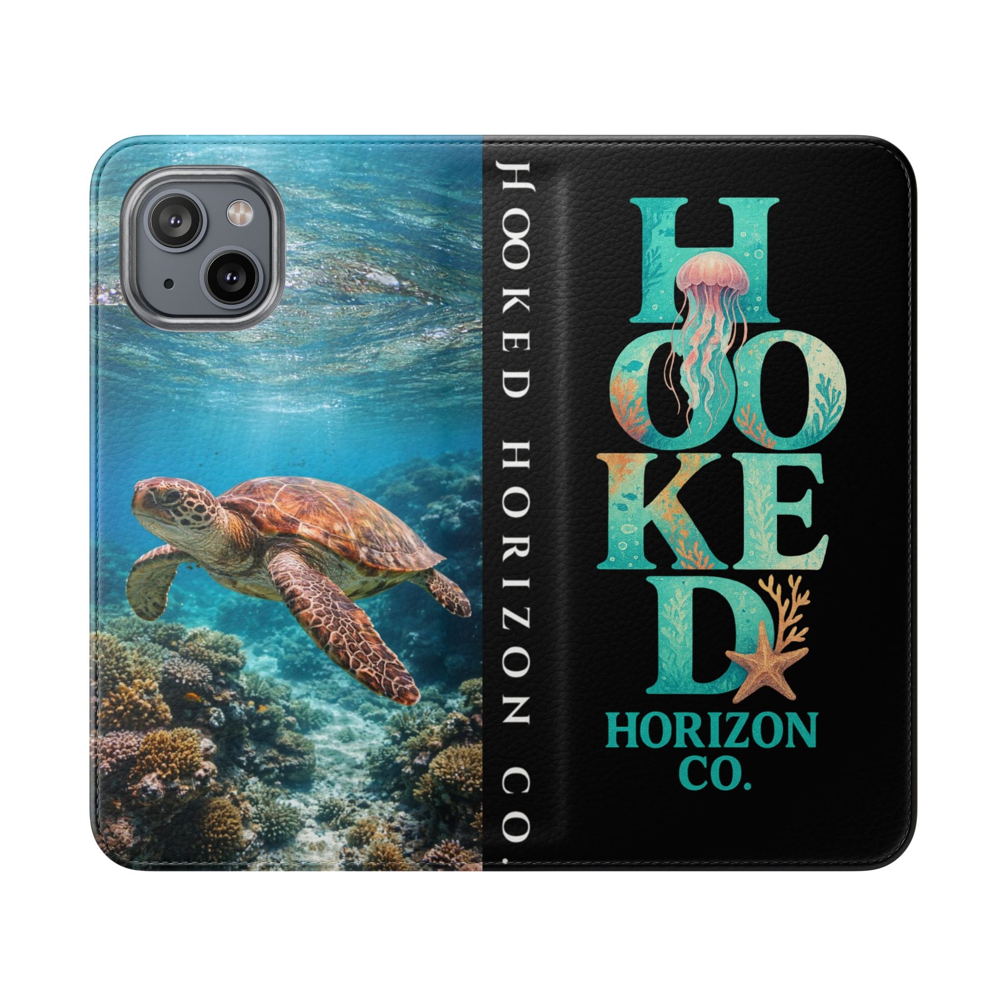 Turtle Hooked Horizon Co Flip Phone Case — Turquoise Water Pattern Wallet Cover
