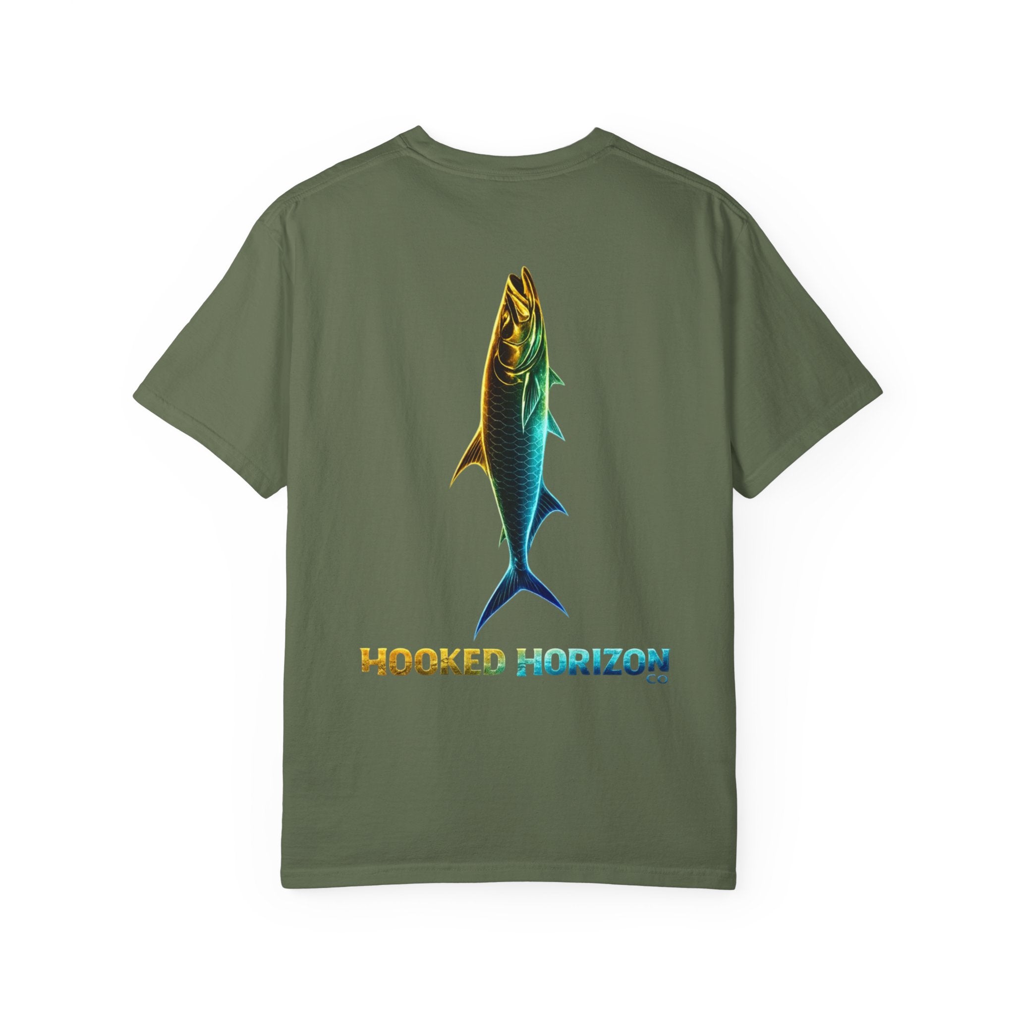 Gold & Blue Tarpon Hooked Horizon Co. — Deep Drift Fishing Graphicishing Tee for Angler Lovers, Shark Lovers, Ocean Tee