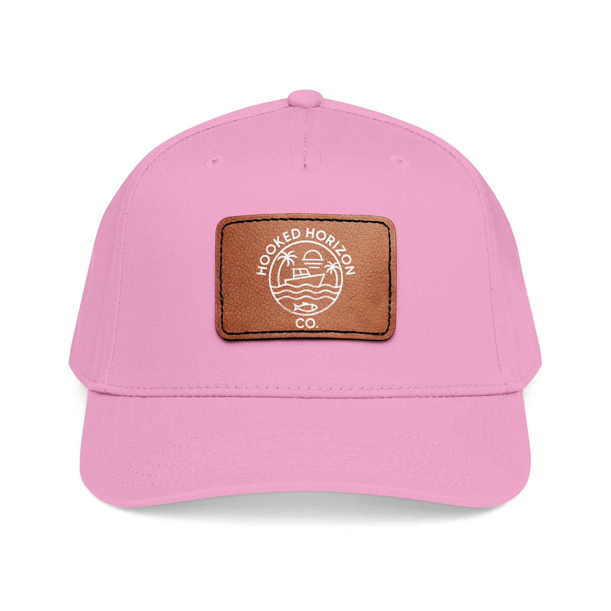 Hooked Horizon Co. 80s Inspired Logo–Leather Patch Baseball Cap — Hooked Horizon Co. Fishing Boat, Multiple Color Variations