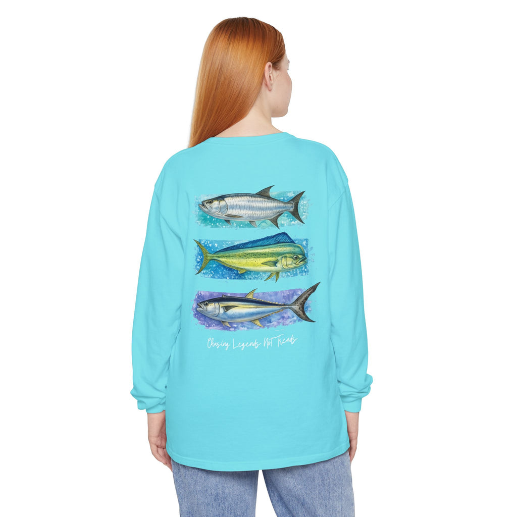 Chasing Legends Tarpon, Mahi Mahi, TunaSaltwater Fish Long Sleeve Tee — Hooked Horizon Co. Graphic Shirt