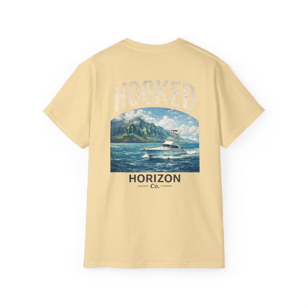 Fishing Charter T-Shirt — "Hooked" Boat & Horizon Graphic Tee, Multiple Color Variations