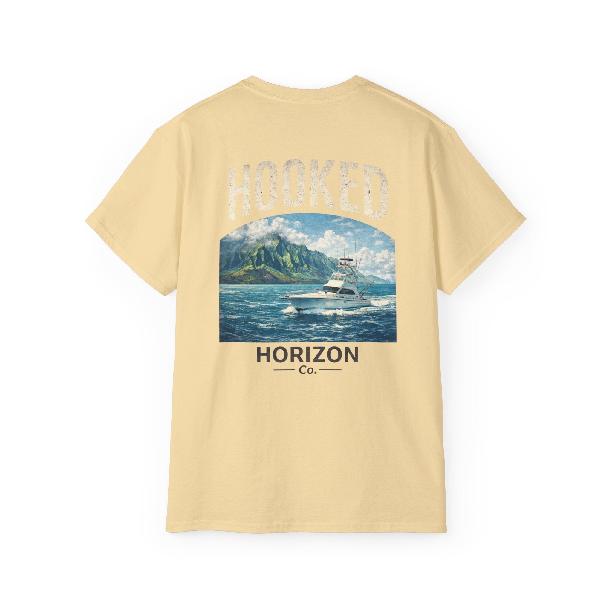 Fishing Charter T-Shirt — "Hooked" Boat & Horizon Graphic Tee, Multiple Color Variations