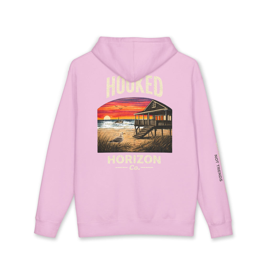 Seagull & Red Sunset Hoodie Hooked Horizon Co. — Minimal Fishing Back Graphic Hoodie, Multiple Color Variations