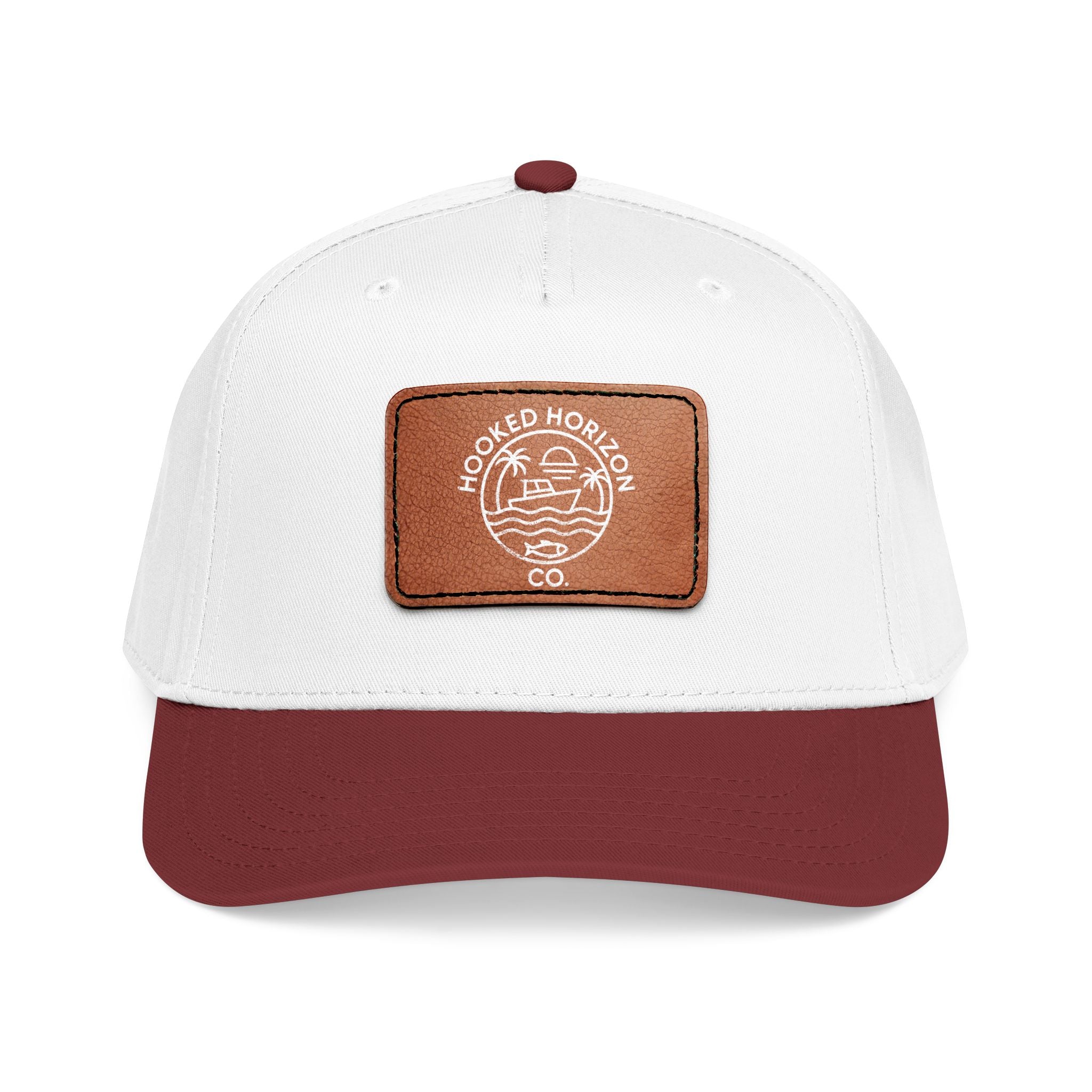 Hooked Horizon Co. 80s Inspired Logo–Leather Patch Baseball Cap — Hooked Horizon Co. Fishing Boat, Multiple Color Variations