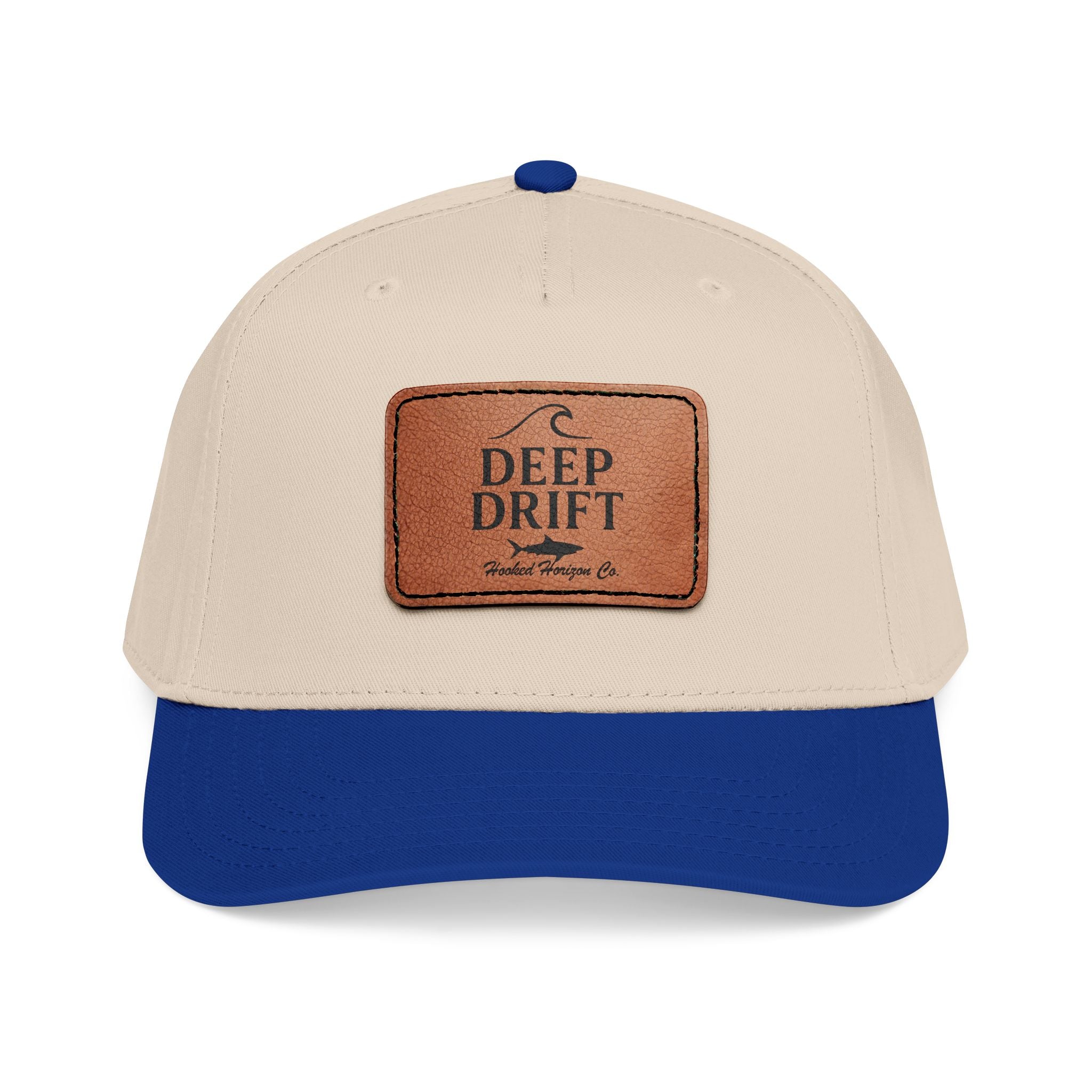 "Deep Drift" Shark Wave Leather Patch Baseball Cap — Hooked Horizon Co. Ocean Wave Logo, Multiple Color Variations