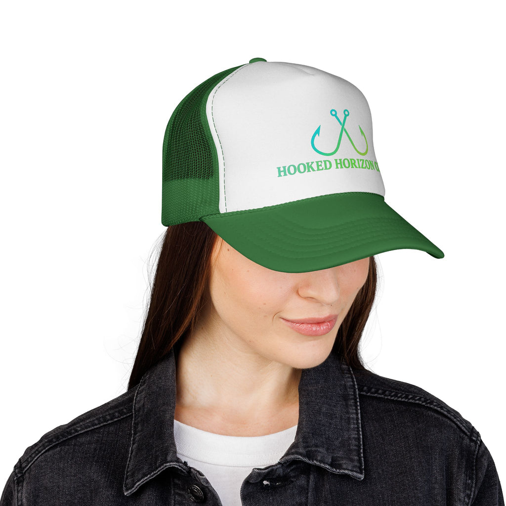 Sea Green & Teal Blue Trucker Cap — Hooked Horizon Co. Fishing Hooks Logo