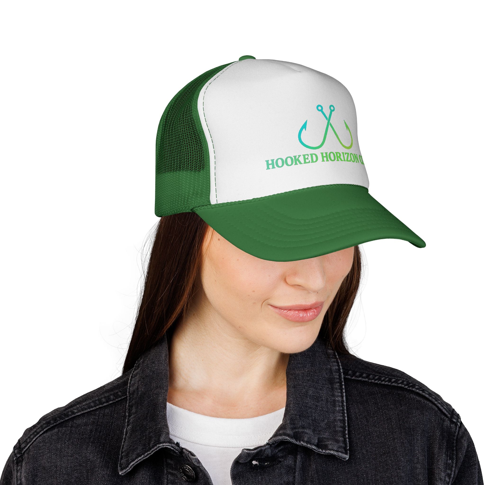 Sea Green & Teal Blue Trucker Cap — Hooked Horizon Co. Fishing Hooks Logo