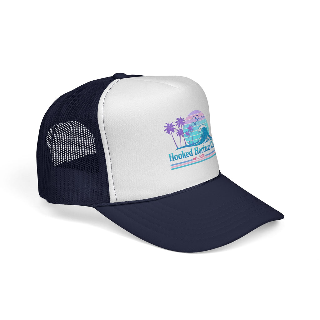 Hooked Horizon Co.  Wave, Sunset & Palm Tree 90s Inspired Trucker Cap in Purple & Blue — Outdoor & Beach Hat Ocean Conservation Gifts For Him & Her
