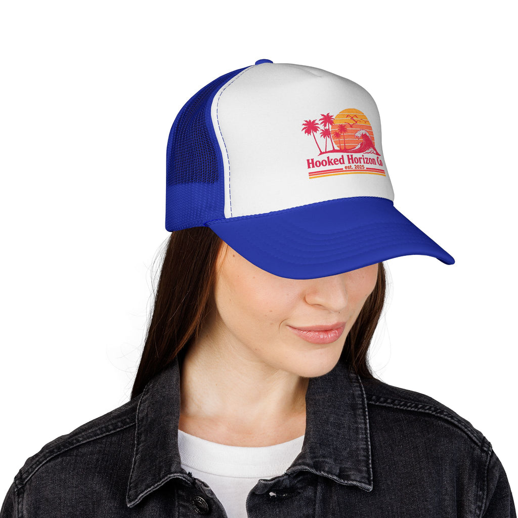 Hooked Horizon Co.  Wave, Sunset & Palm Tree 90s Inspired Trucker Cap — Outdoor & Beach Hat Ocean Conservation Gifts For Him & Her