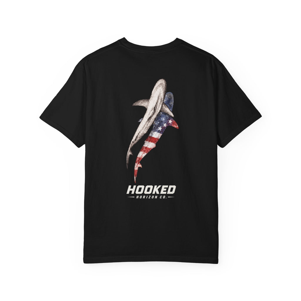 USA Shark Flag T-Shirt — "Hooked Horizon Co." American Fishing Graphic Tee