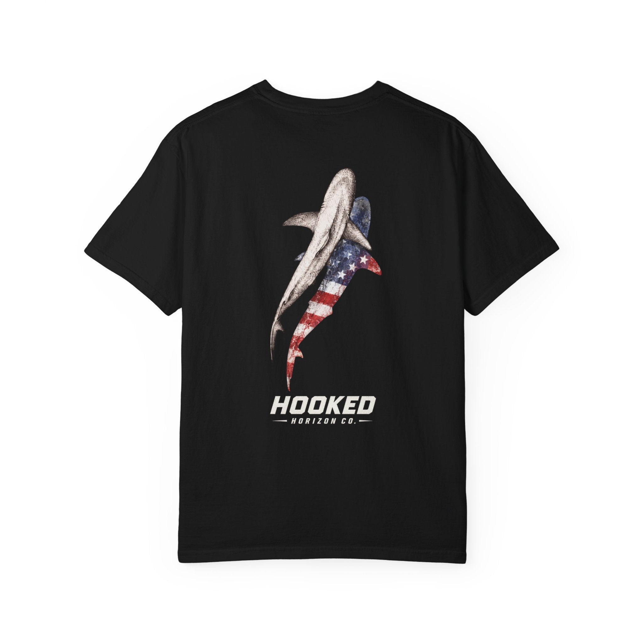 USA Shark Flag T-Shirt — "Hooked Horizon Co." American Fishing Graphic Tee