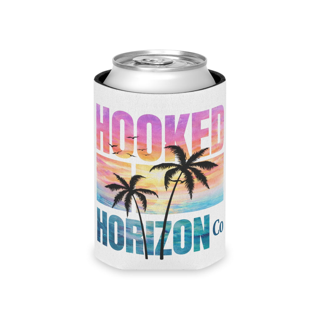 Hooked Horizon Co. Sunset & Palm Tree 90s Inspired Can Cooler – Tropical Sunset Palm Beverage Koozie