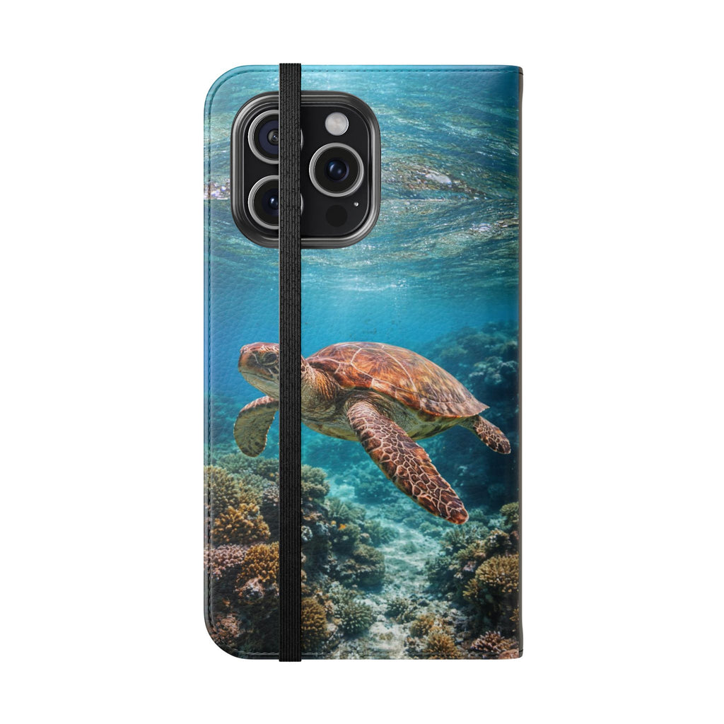 Turtle Hooked Horizon Co Flip Phone Case — Turquoise Water Pattern Wallet Cover