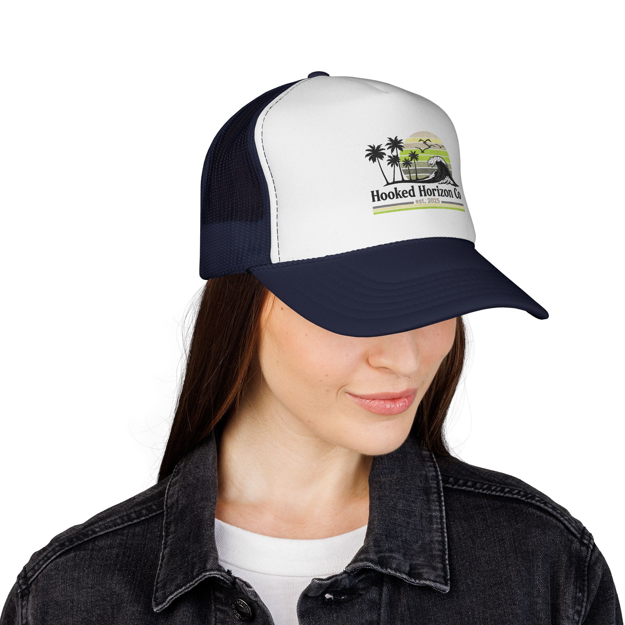 Hooked Horizon Co.  Sunset & Palm Tree 90s Inspired Trucker Cap — Outdoor & Beach Hat Ocean Conservation Gifts For Him & Her