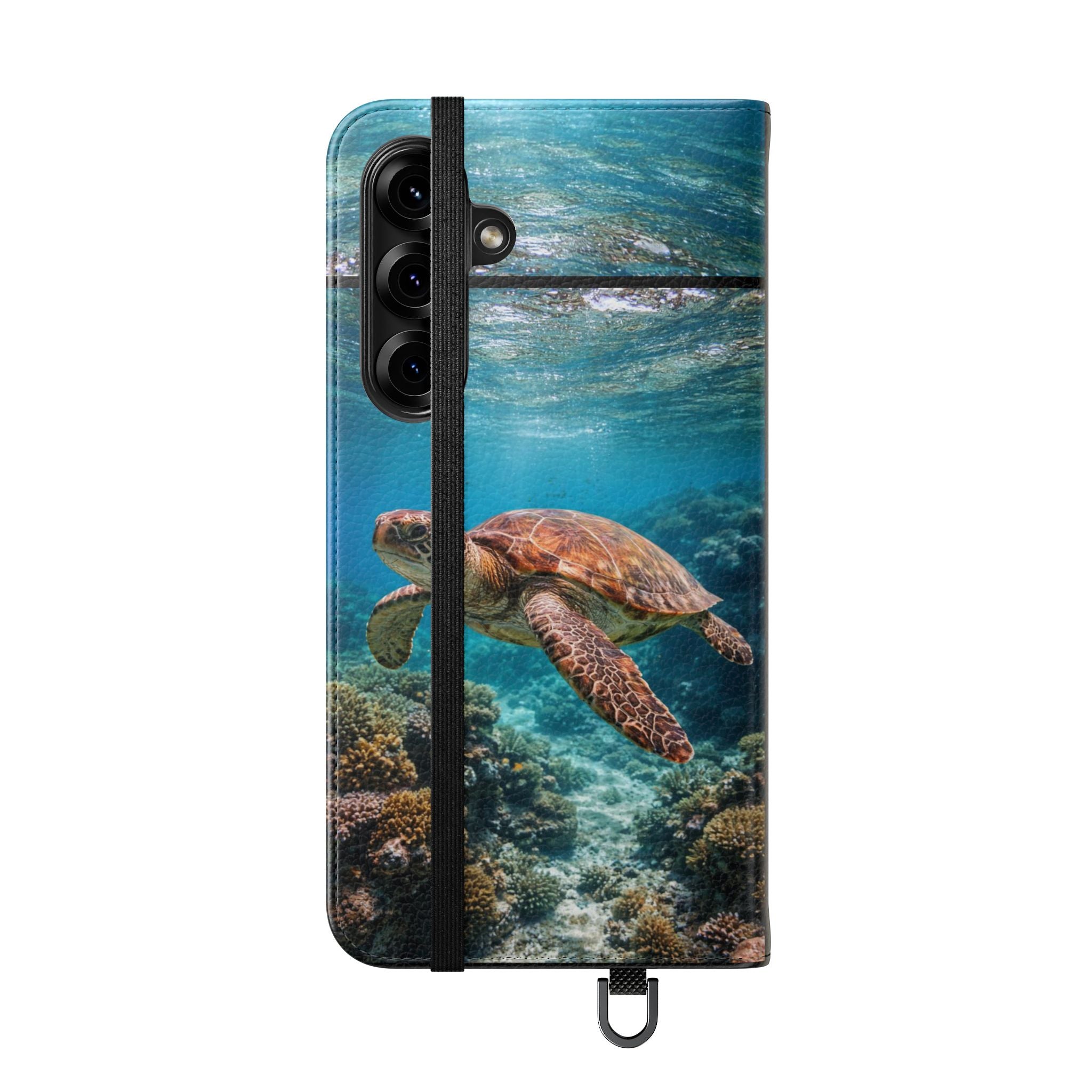 Turtle Hooked Horizon Co Flip Phone Case — Turquoise Water Pattern Wallet Cover