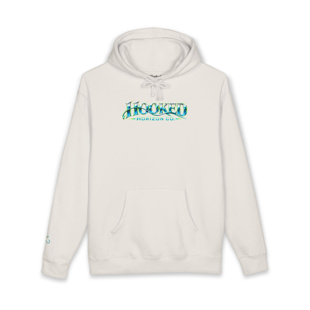 Barracuda Like Green Logo Hoodie—Hooked Horizon Co. — Fishing Back Graphic Hoodie, Multiple Color Variations