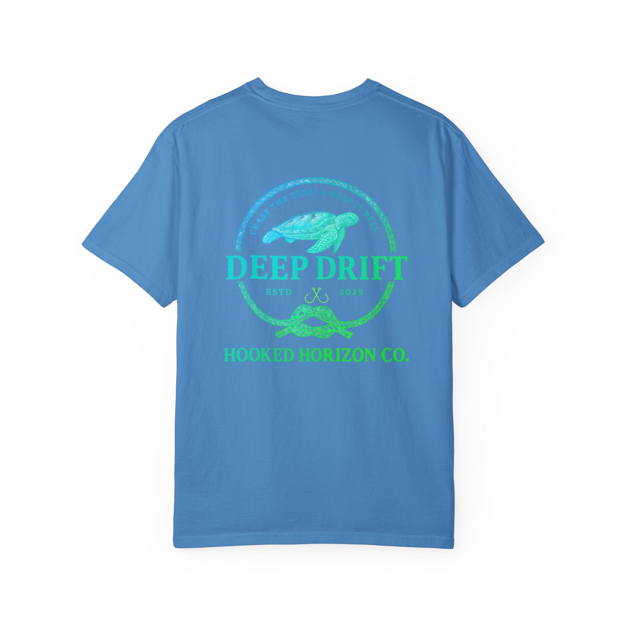 Deep Drift Fishing T-Shirt - Green & Blue Fishing Tee for Angler Lovers, Hammer Head Shark, Ocean Tee