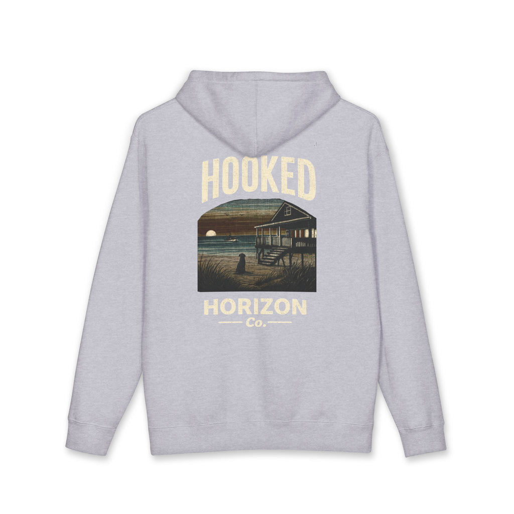 Dog & Sunset Hoodie Hooked Horizon Co. — Minimal Fishing Back Graphic Hoodie, Multiple Color Variations