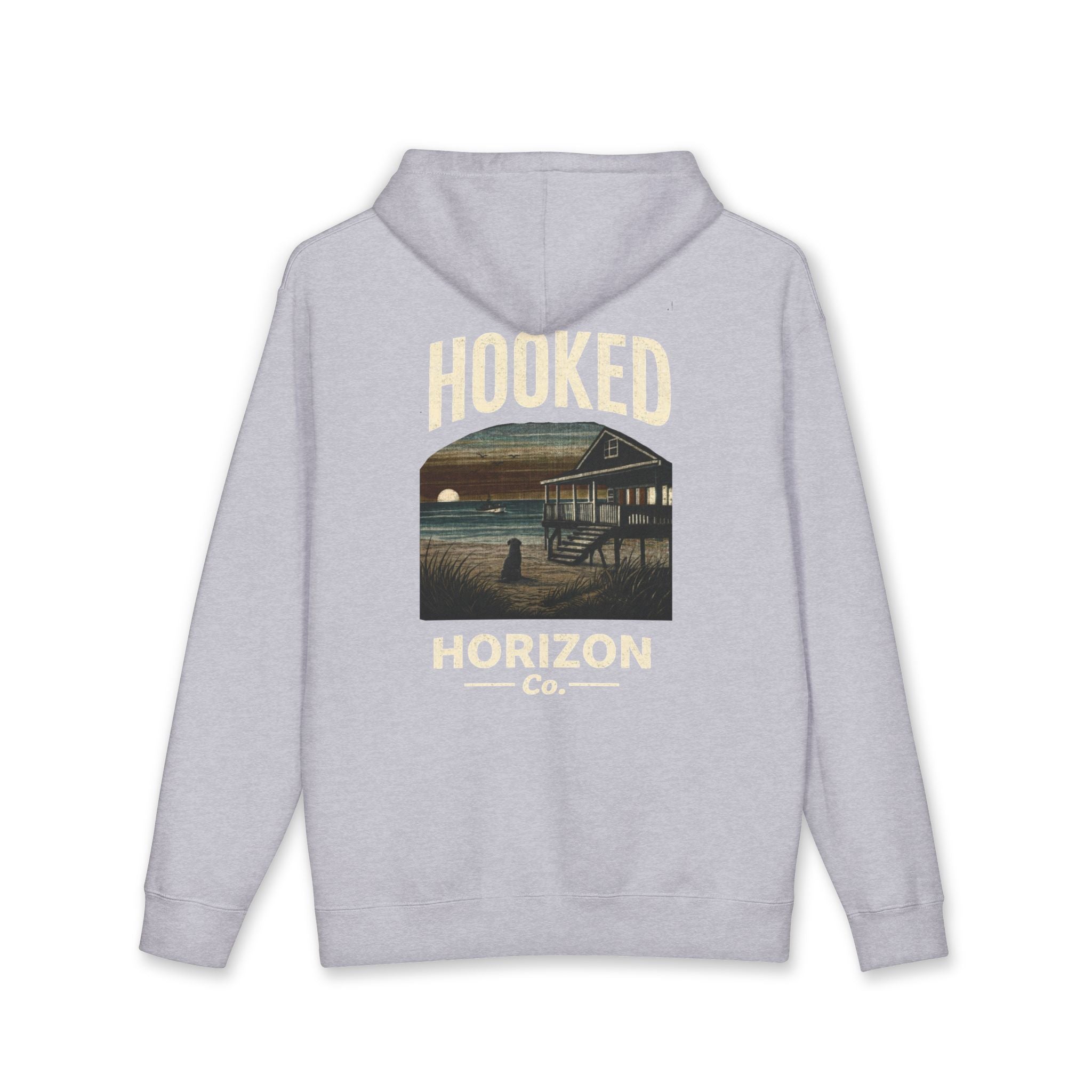 Dog & Sunset Hoodie Hooked Horizon Co. — Minimal Fishing Back Graphic Hoodie, Multiple Color Variations
