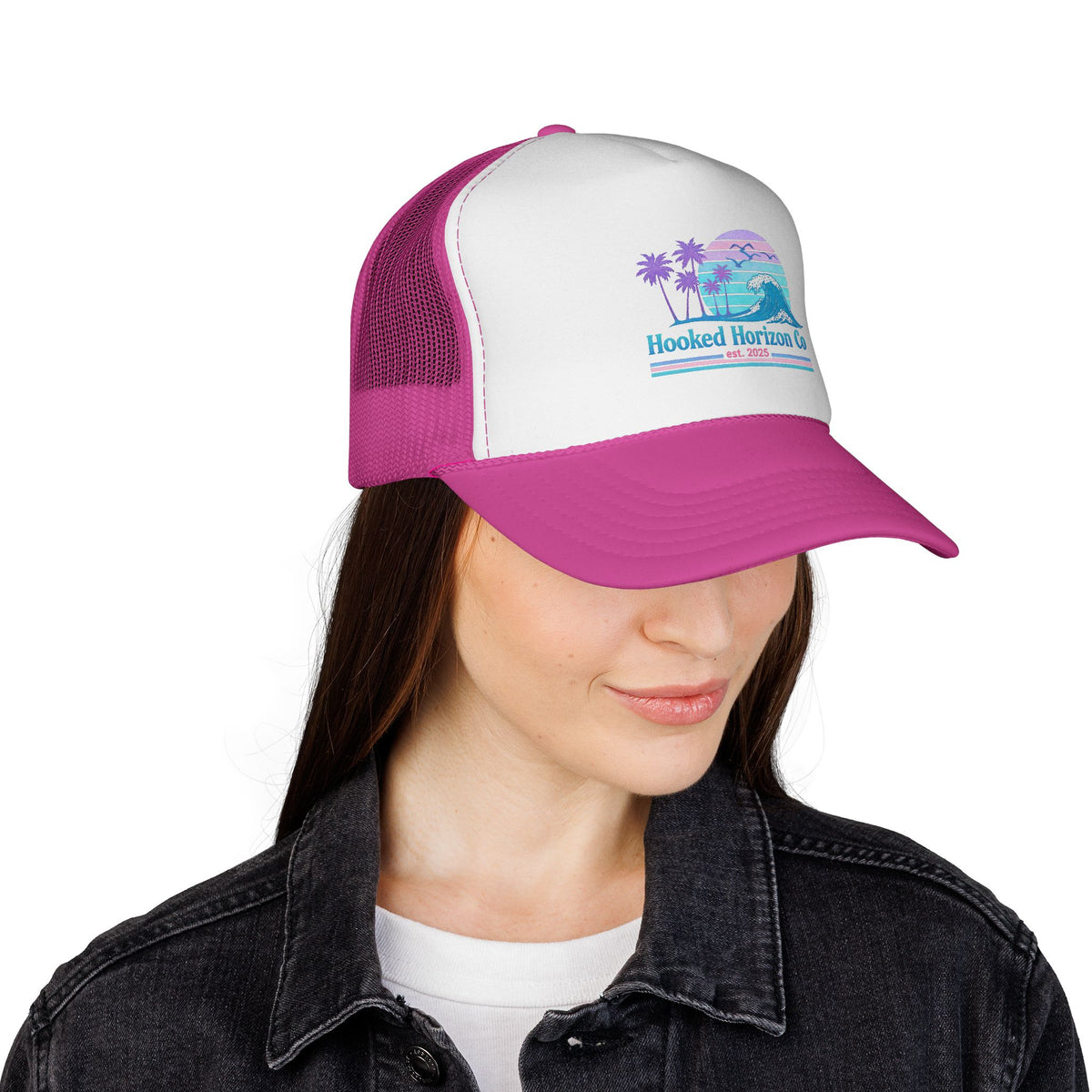 Hooked Horizon Co.  Wave, Sunset & Palm Tree 90s Inspired Trucker Cap in Purple & Blue — Outdoor & Beach Hat Ocean Conservation Gifts For Him & Her