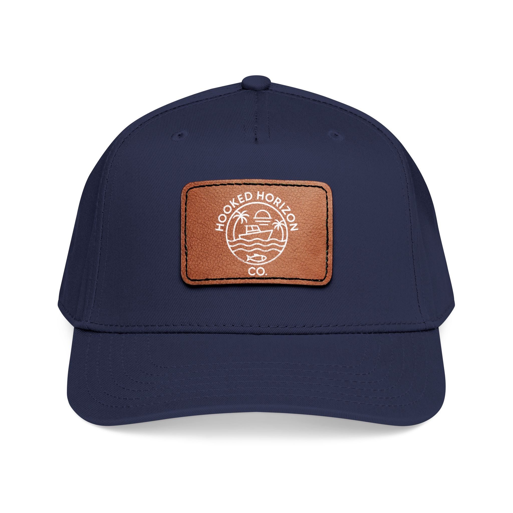 Hooked Horizon Co. 80s Inspired Logo–Leather Patch Baseball Cap — Hooked Horizon Co. Fishing Boat, Multiple Color Variations