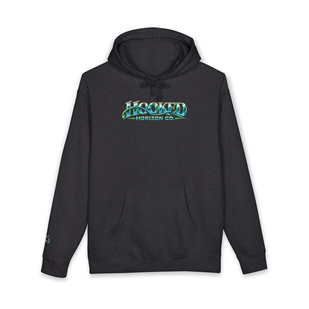 Barracuda Like Green Logo Hoodie—Hooked Horizon Co. — Fishing Back Graphic Hoodie, Multiple Color Variations
