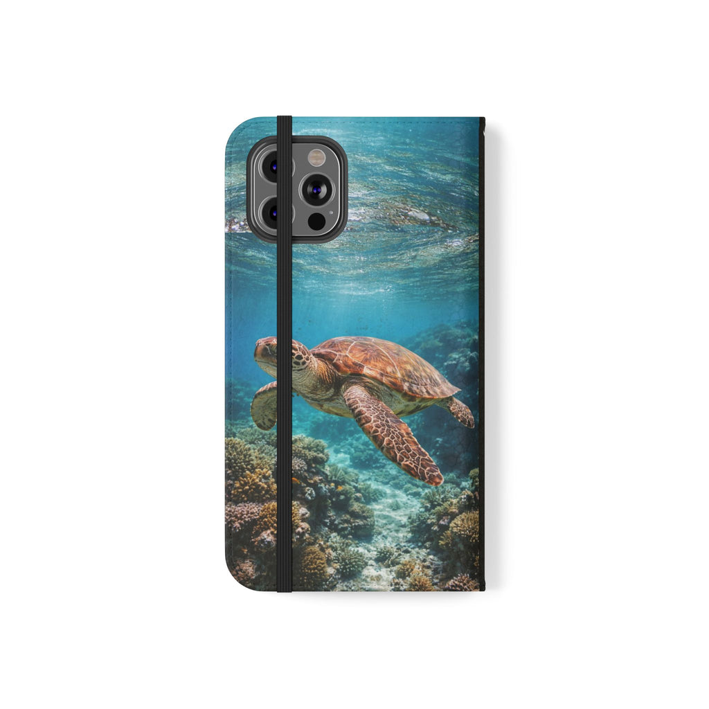 Turtle Hooked Horizon Co Flip Phone Case — Turquoise Water Pattern Wallet Cover