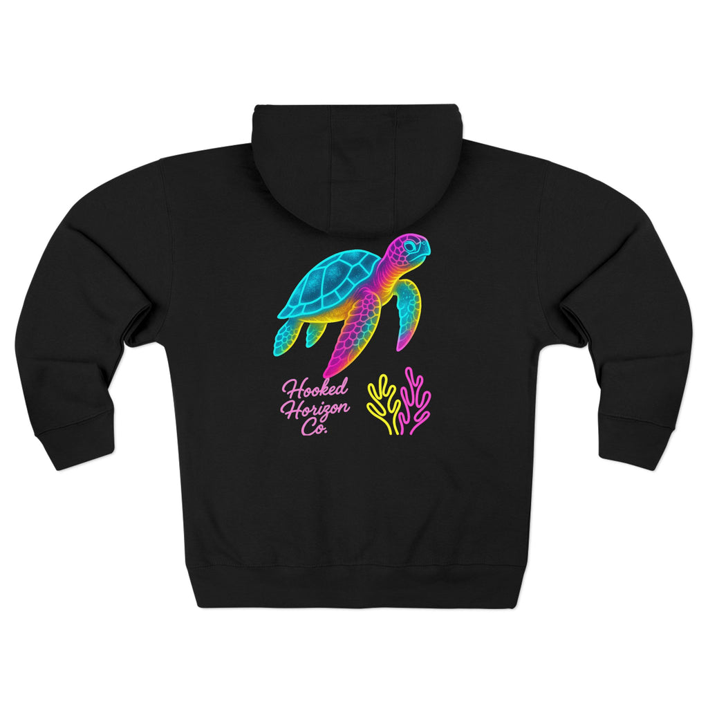 Neon Deep Drift Coral & Turtle Hooked Horizon Co. Unisex Zip Hoodie for Ocean Lovers, Nautical Fashion, Cool Weather Gear, Everyday Comfort, Perfect Gift