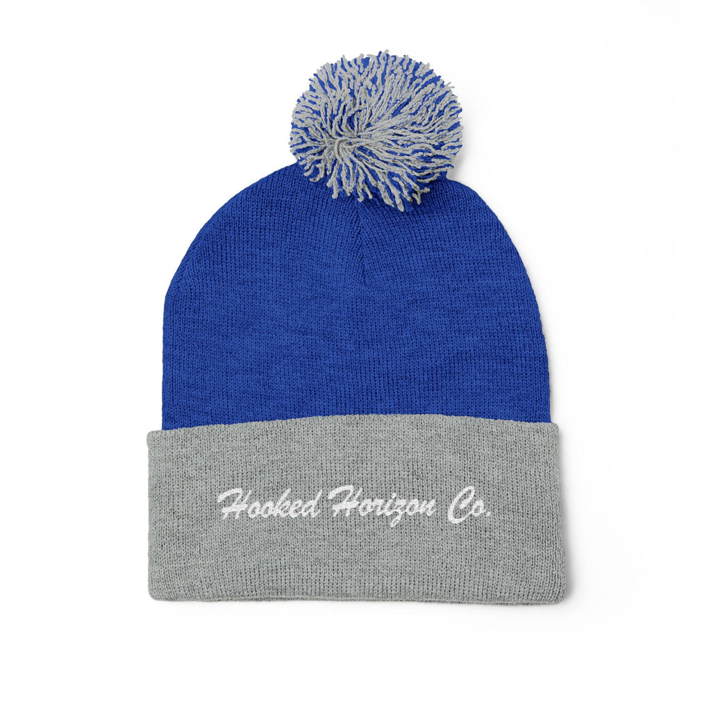 Hooked Horizon Co. Embroidered Pom-Pom Knit Cap — Cozy Grey Beanie with Multiple Color Variations