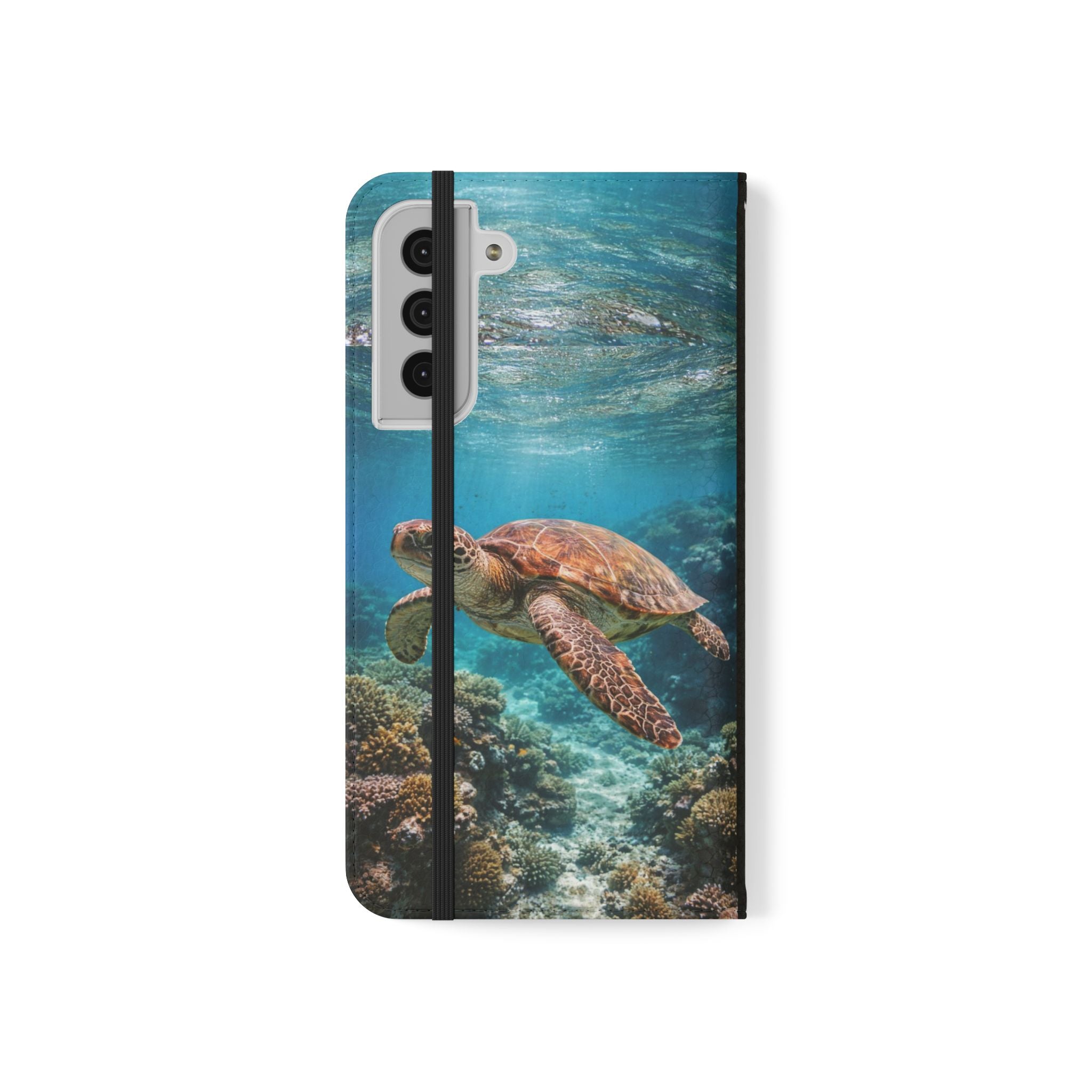 Turtle Hooked Horizon Co Flip Phone Case — Turquoise Water Pattern Wallet Cover