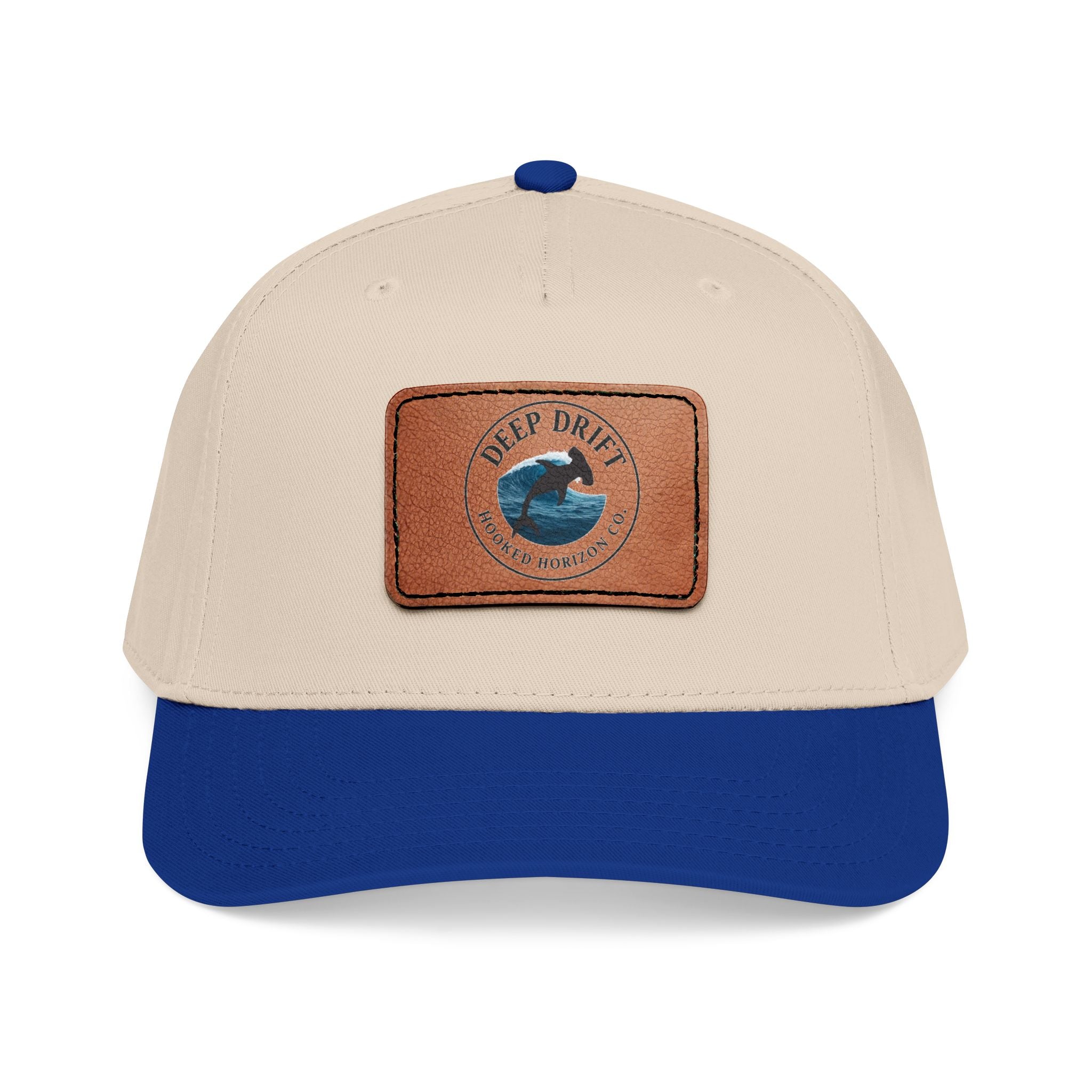 Deep Drift Leather Patch Baseball Cap — Hooked Horizon Co. Ocean Wave Logo, Multiple Color Variations