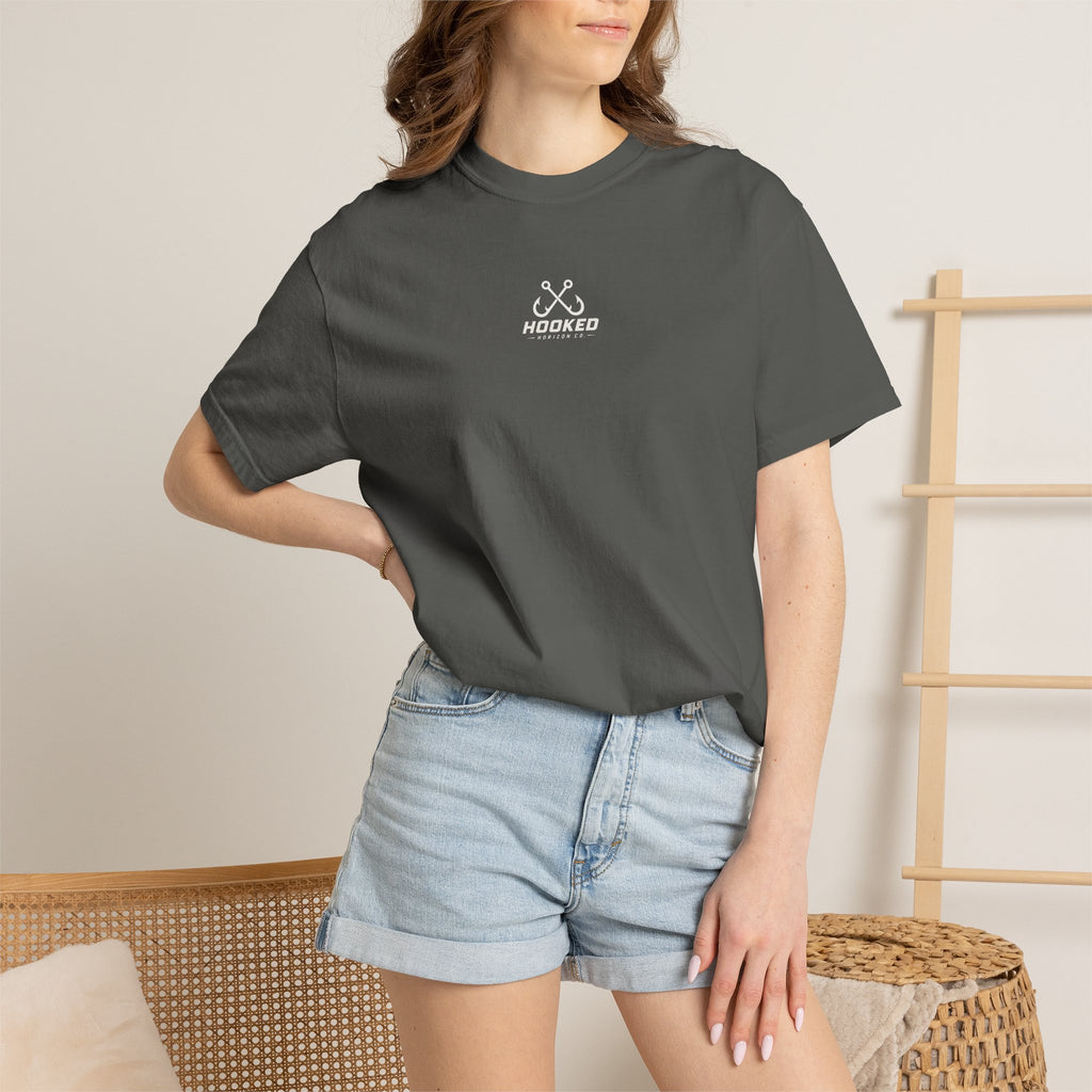USA Shark Flag T-Shirt — "Hooked Horizon Co." American Fishing Graphic Tee