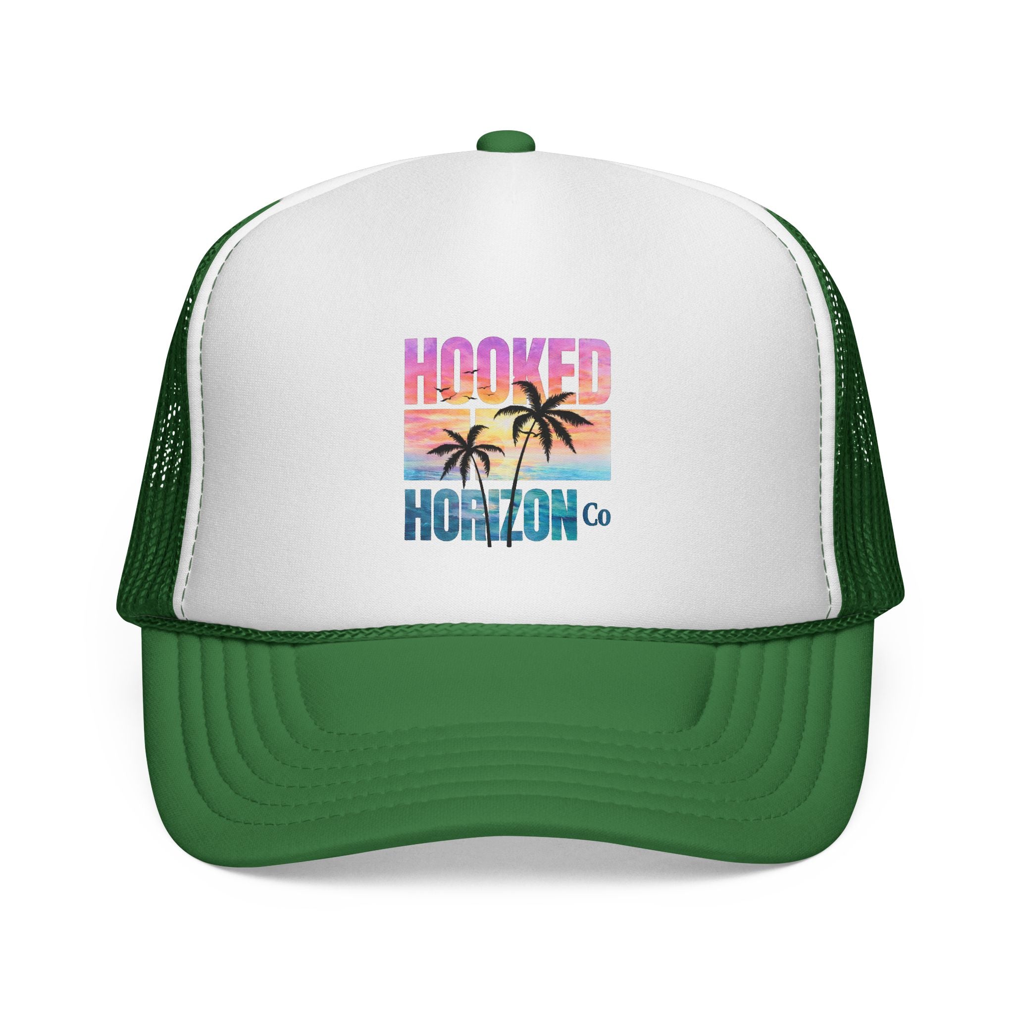 Hooked Horizon Co.  Sunset & Palm Tree 90s Inspired Trucker Cap — Outdoor & Beach Hat Ocean Conservation Gifts For Him & Her